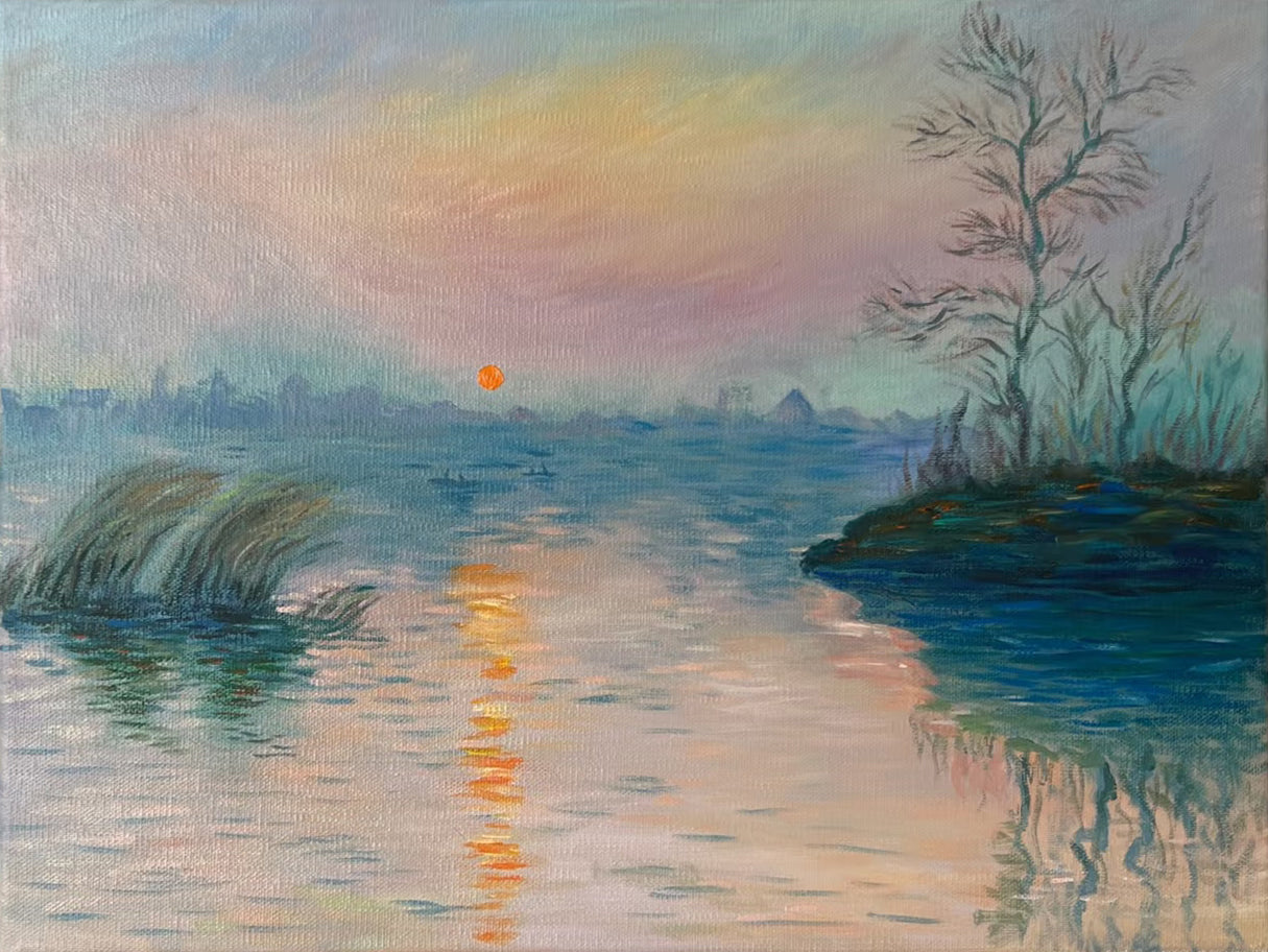 Shoreline Hues: Monet-Style Sunset, Atmospheric Water Art #BGA 191