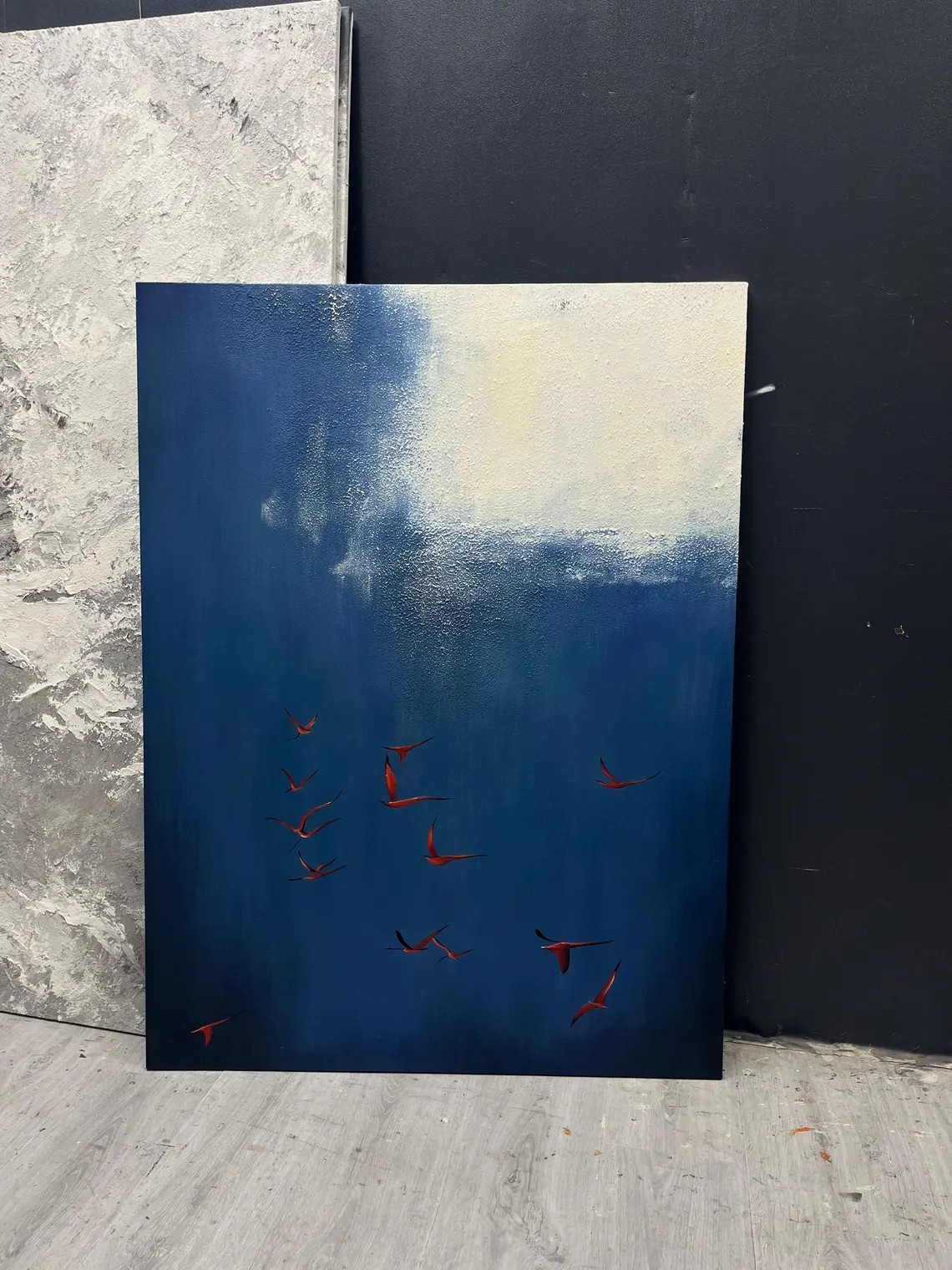 Surreal Dark Blue Sky With Red Birds, Unique Wall Decor #BGA 142