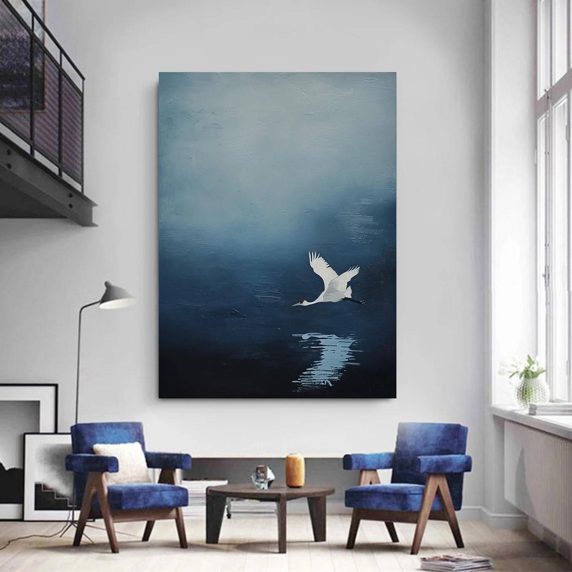 Tranquil Blue Minimalist Landscape Art With Crane in Flight #BGA 150