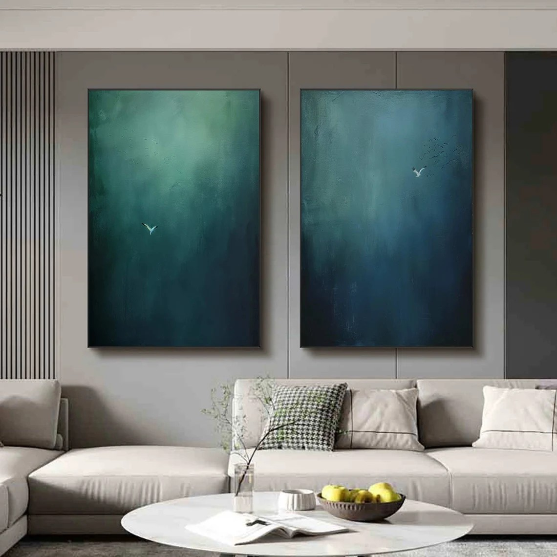 Blue and Green Gradient Set Of 2 With Minimalist Bird Details #BGA 130