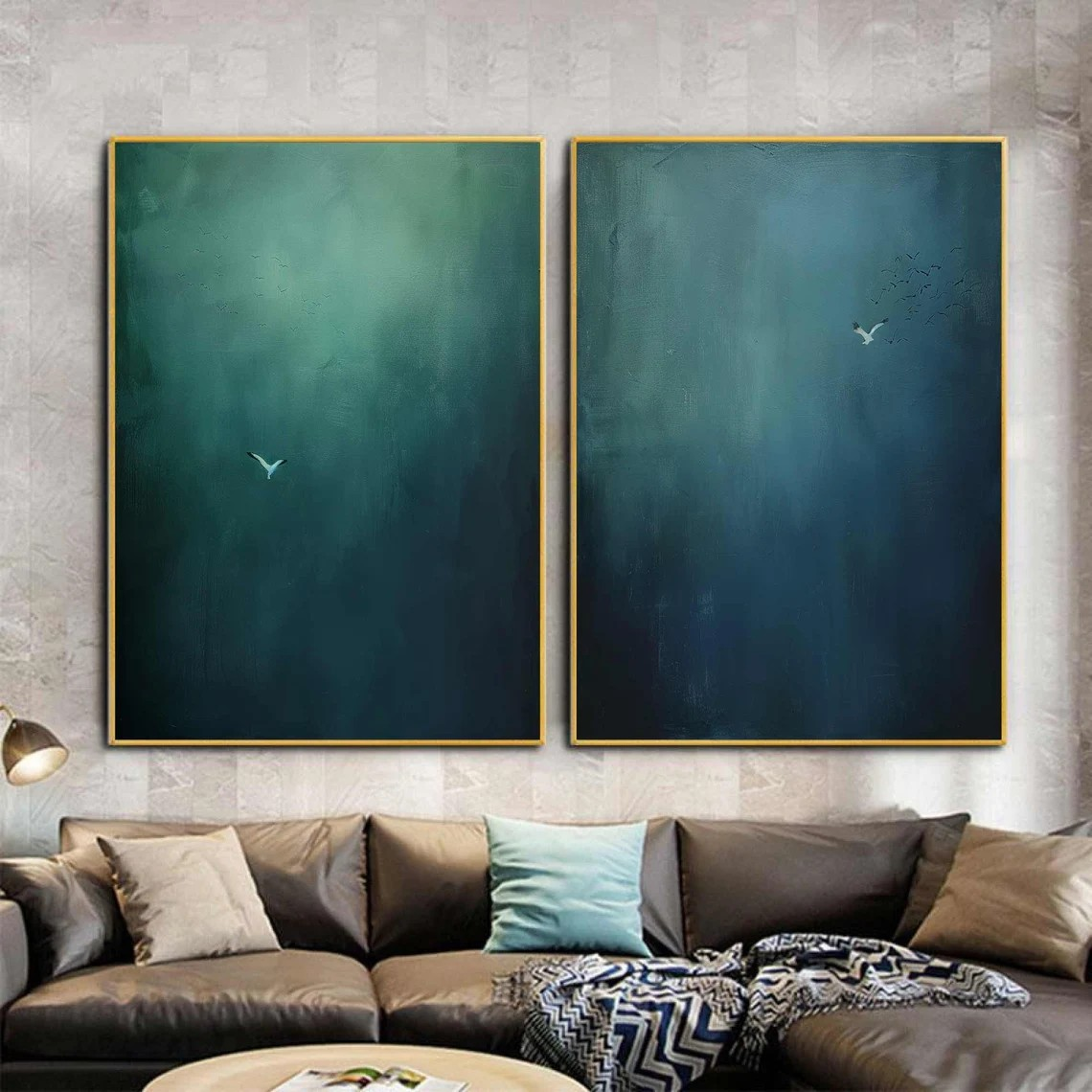 Blue and Green Gradient Set Of 2 With Minimalist Bird Details #BGA 130