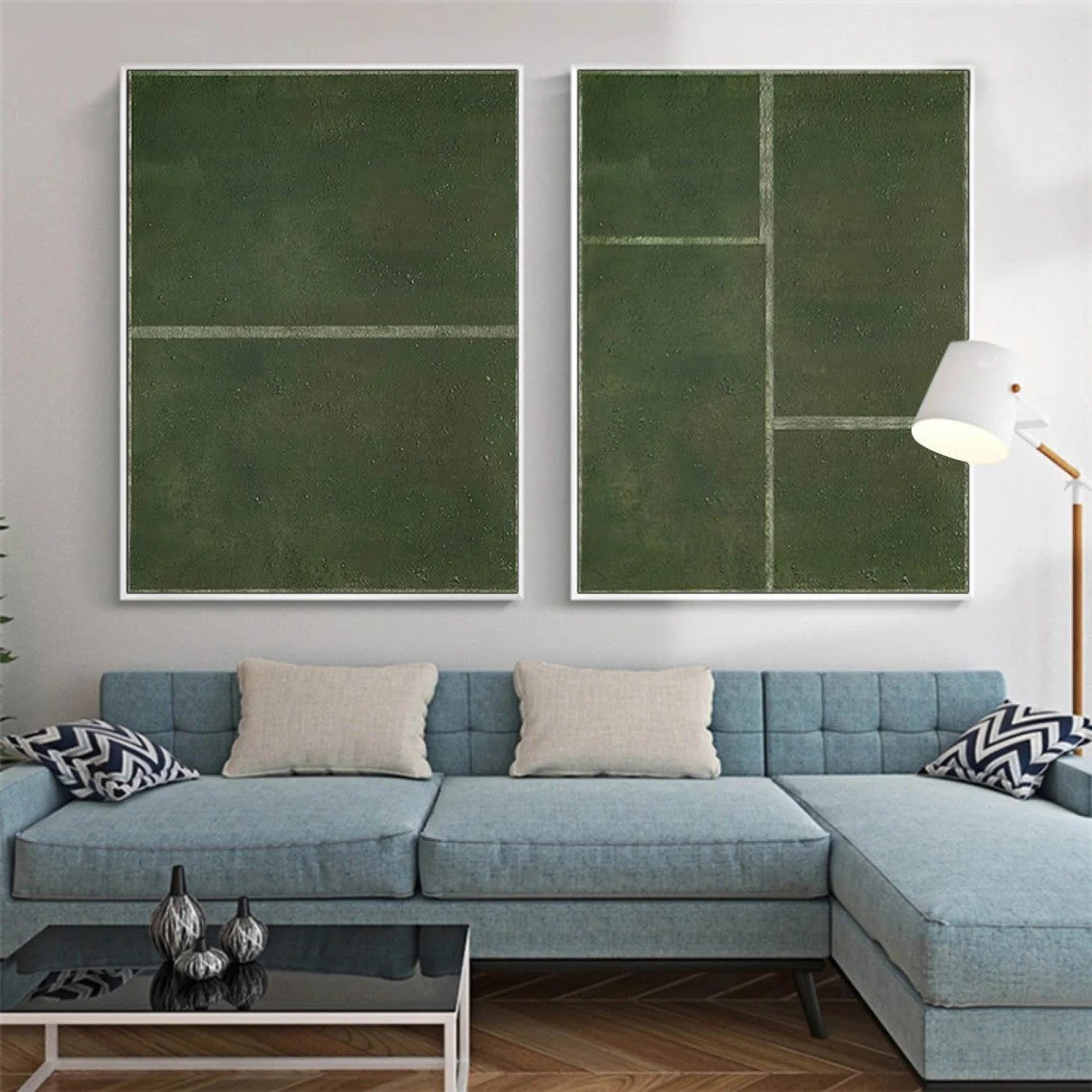Green Geometric Diptych, Minimalist Abstract Art Set Of 2 #BGA 137