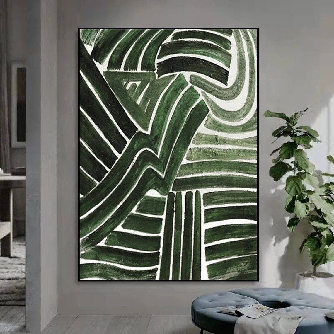 Abstract Green and White Lines, Minimalist Modern Wall Decor #BGA 152