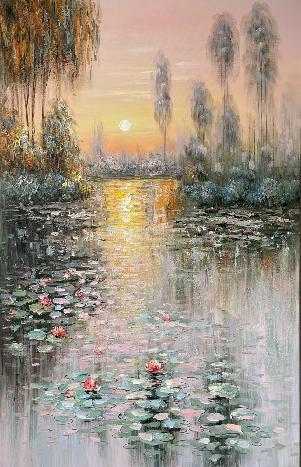 Sunset Bloom: Impressionistic Lily Pond, Vibrant Landscape Art #BGA 181