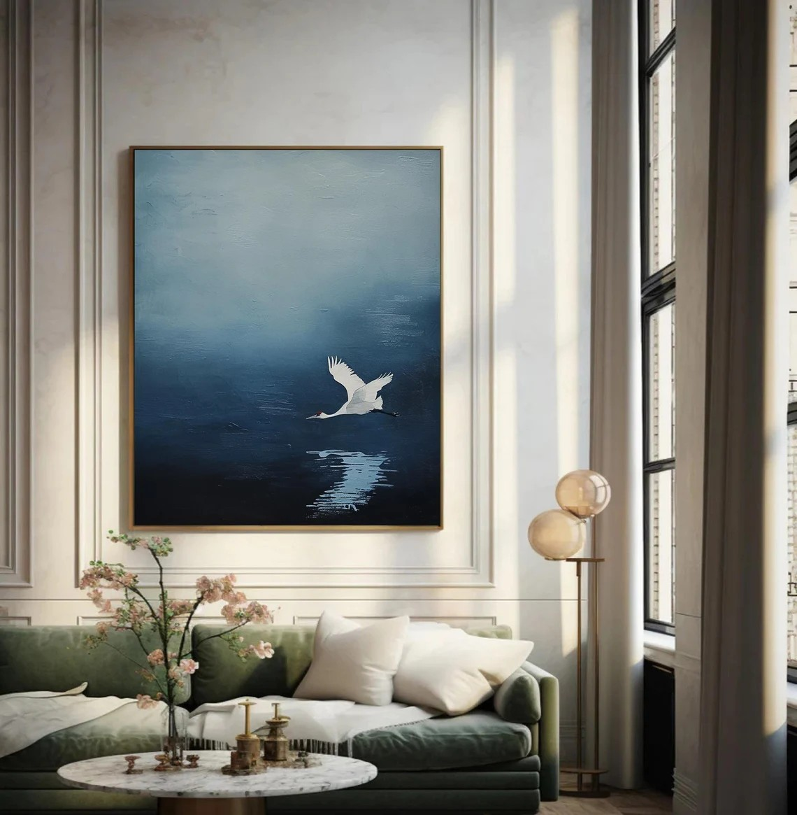 Tranquil Blue Minimalist Landscape Art With Crane in Flight #BGA 150