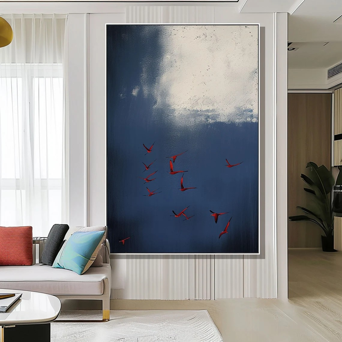Surreal Dark Blue Sky With Red Birds, Unique Wall Decor #BGA 142