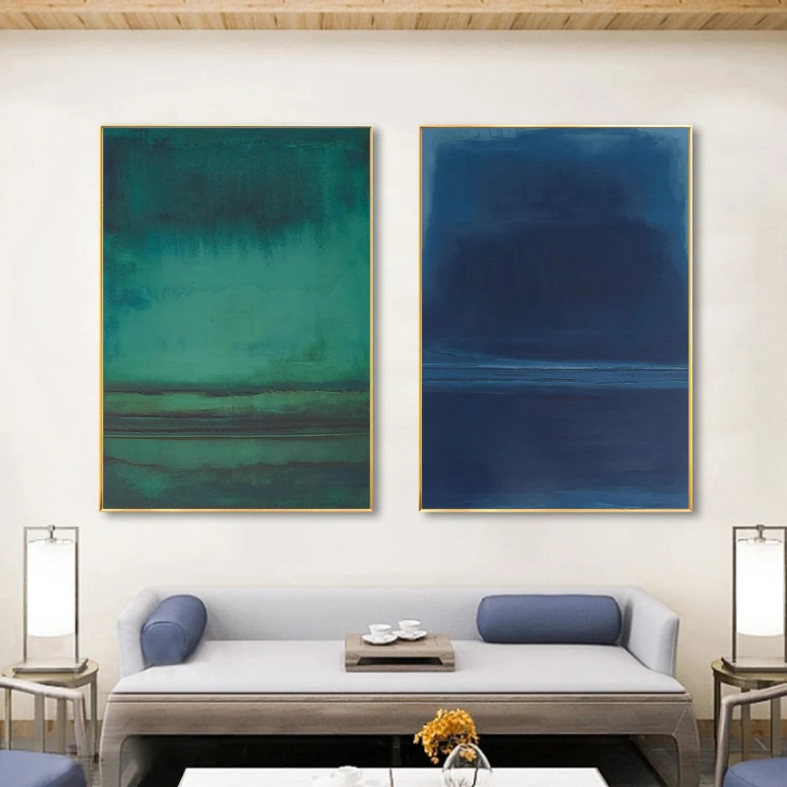 Blue & Green Minimalist Landscape Abstract, Serene Wall Set #BGA 143