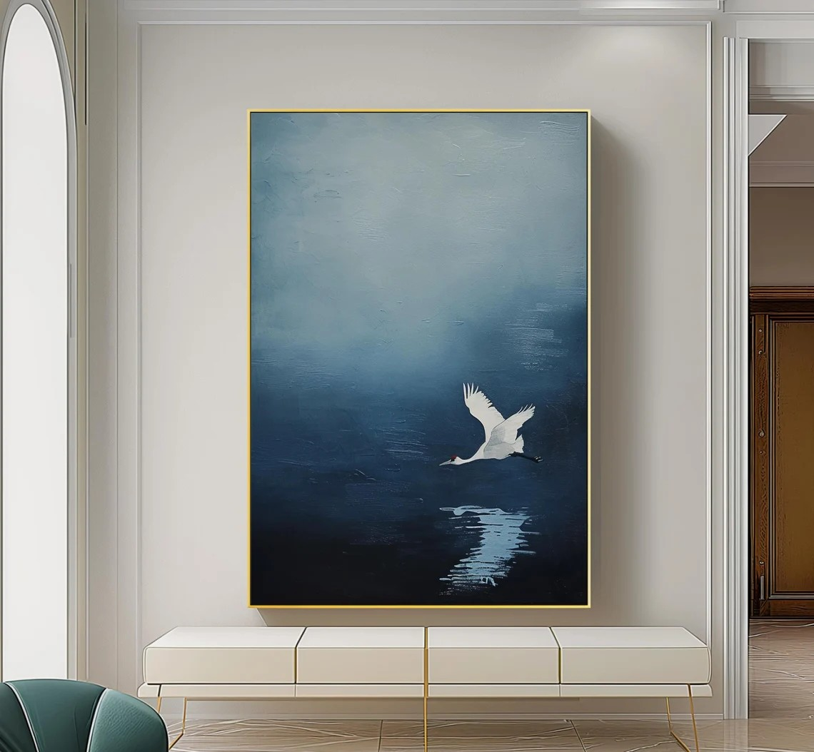 Tranquil Blue Minimalist Landscape Art With Crane in Flight #BGA 150