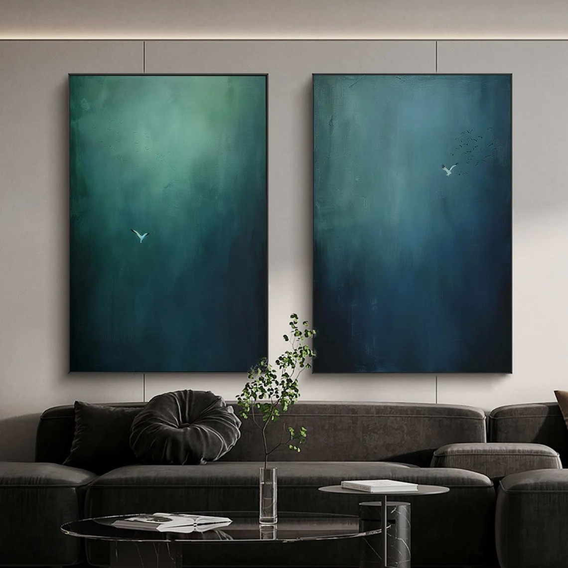 Blue and Green Gradient Set Of 2 With Minimalist Bird Details #BGA 130