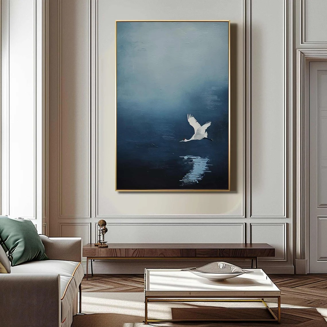 Tranquil Blue Minimalist Landscape Art With Crane in Flight #BGA 150