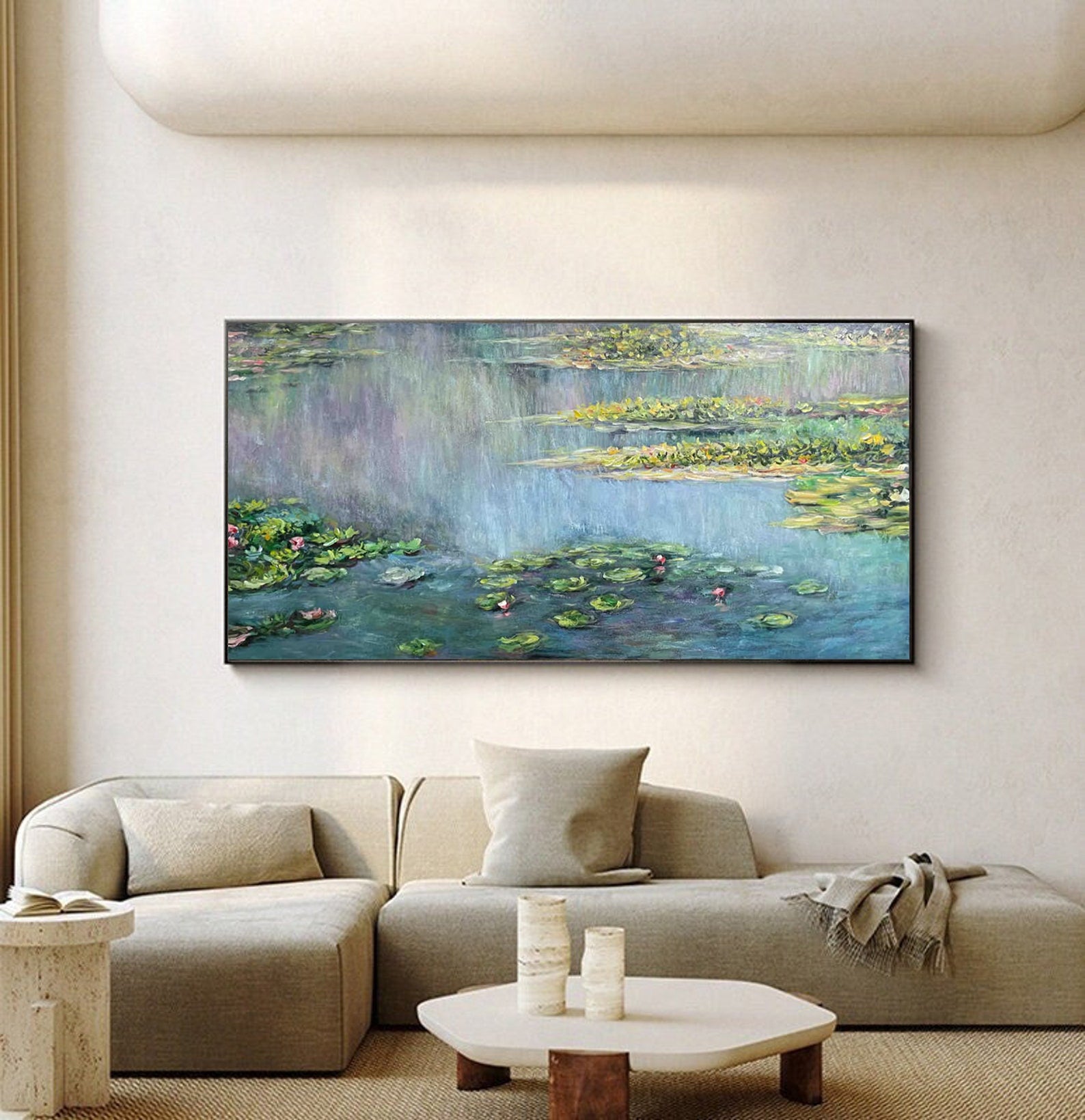 Monet Inspired Water Lilies, Horizontal Impressionist Wall Art #BGA 170