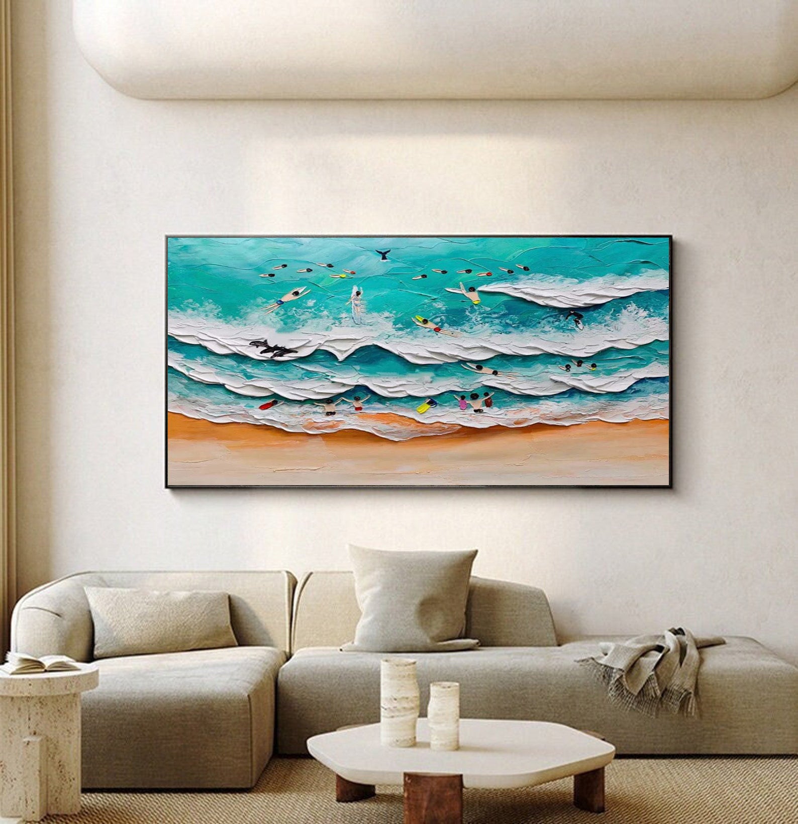 Colorful Beach with Surfers, Tactile Ocean Wall Art #BGA 235
