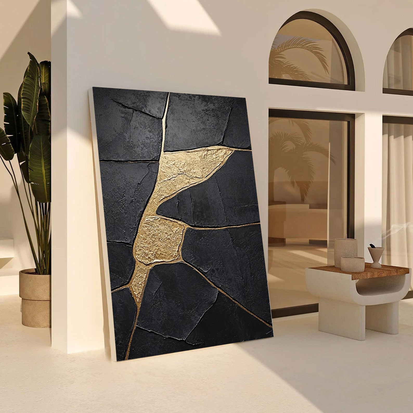 Large Black Abstract with Gold Repair Lines for Modern Home #BGA 272