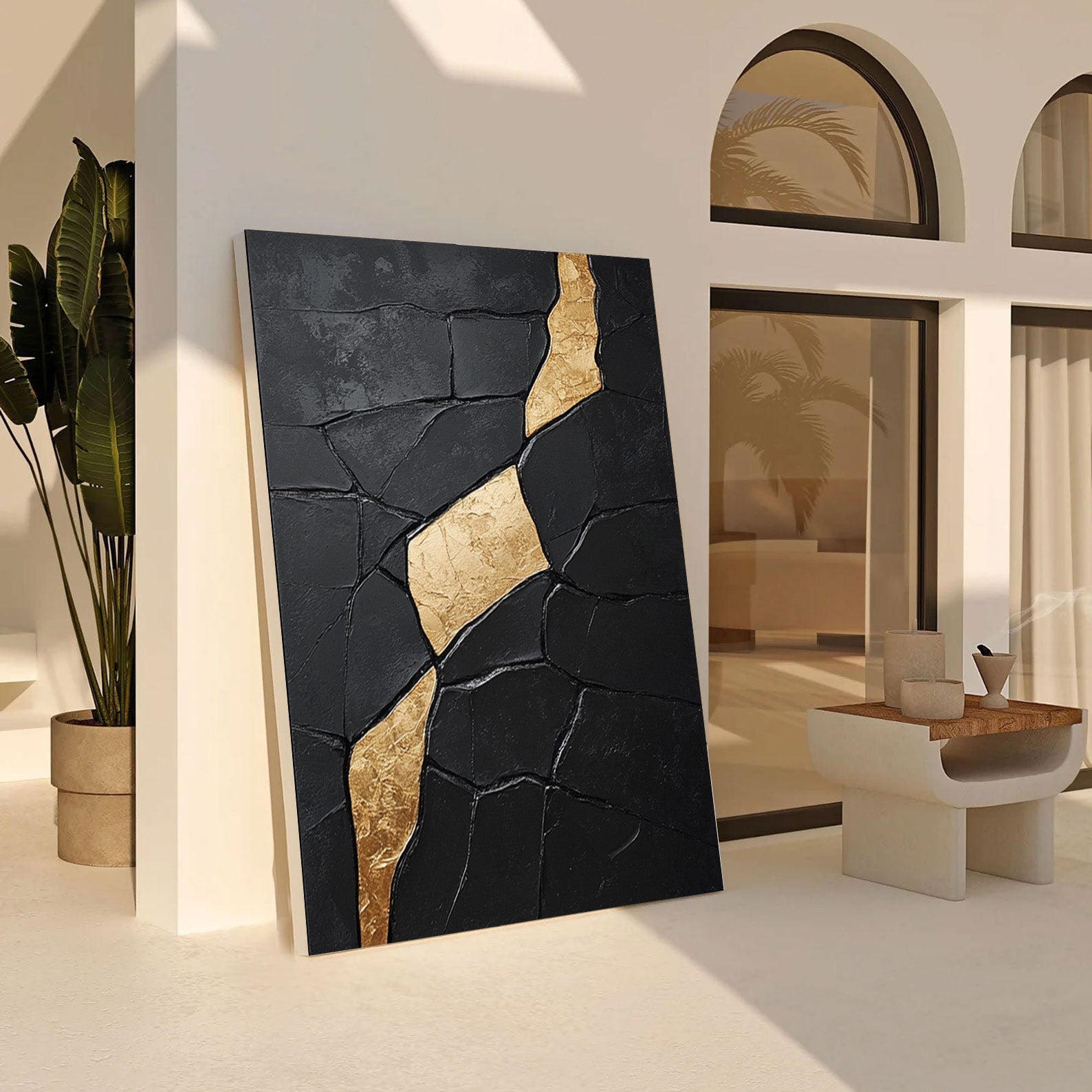 Contemporary Black Impasto with Diagonal Flowing Organic Gold #BGA 274