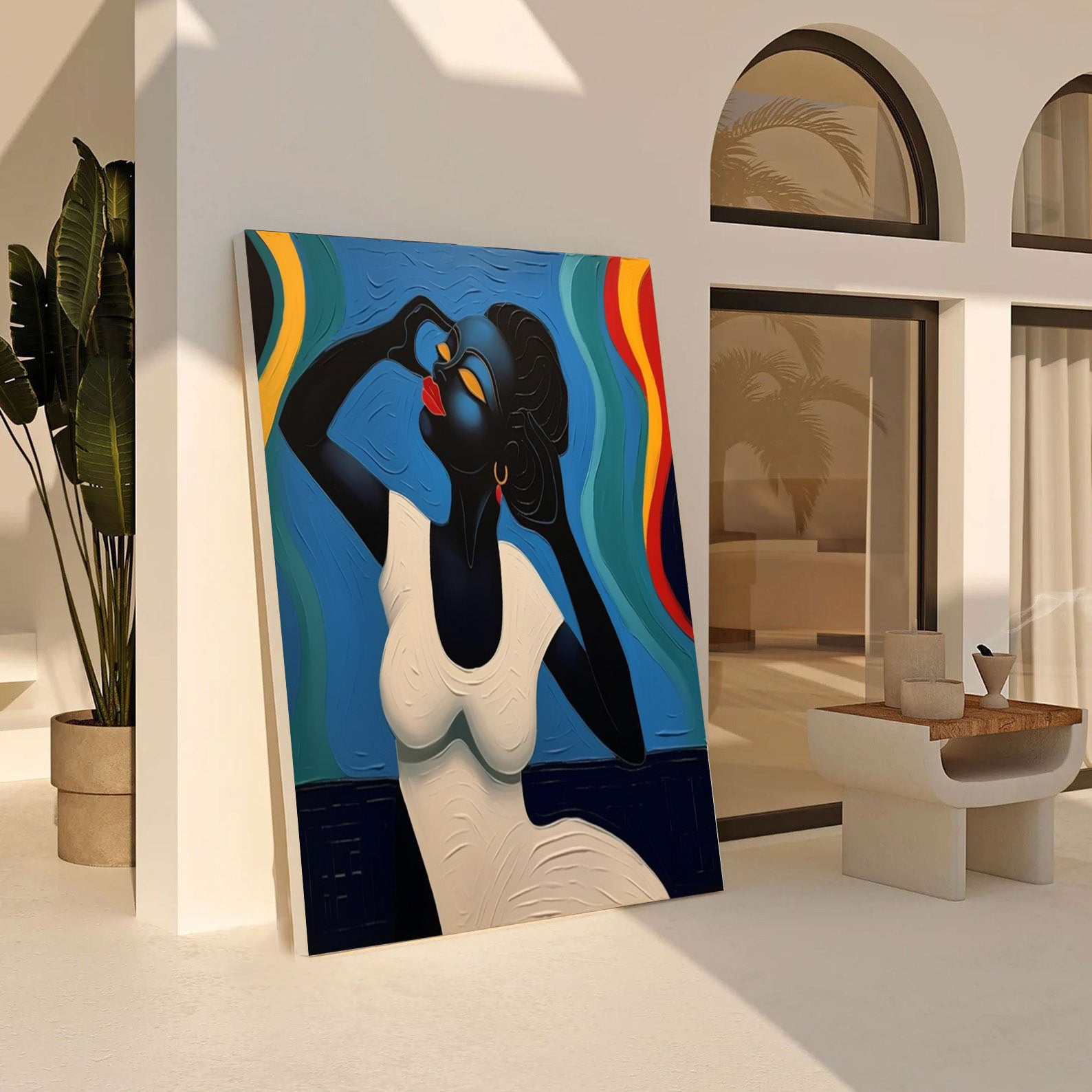 Stylized Portrait with Textured Color Waves, Modern Wall Art #BGA 256