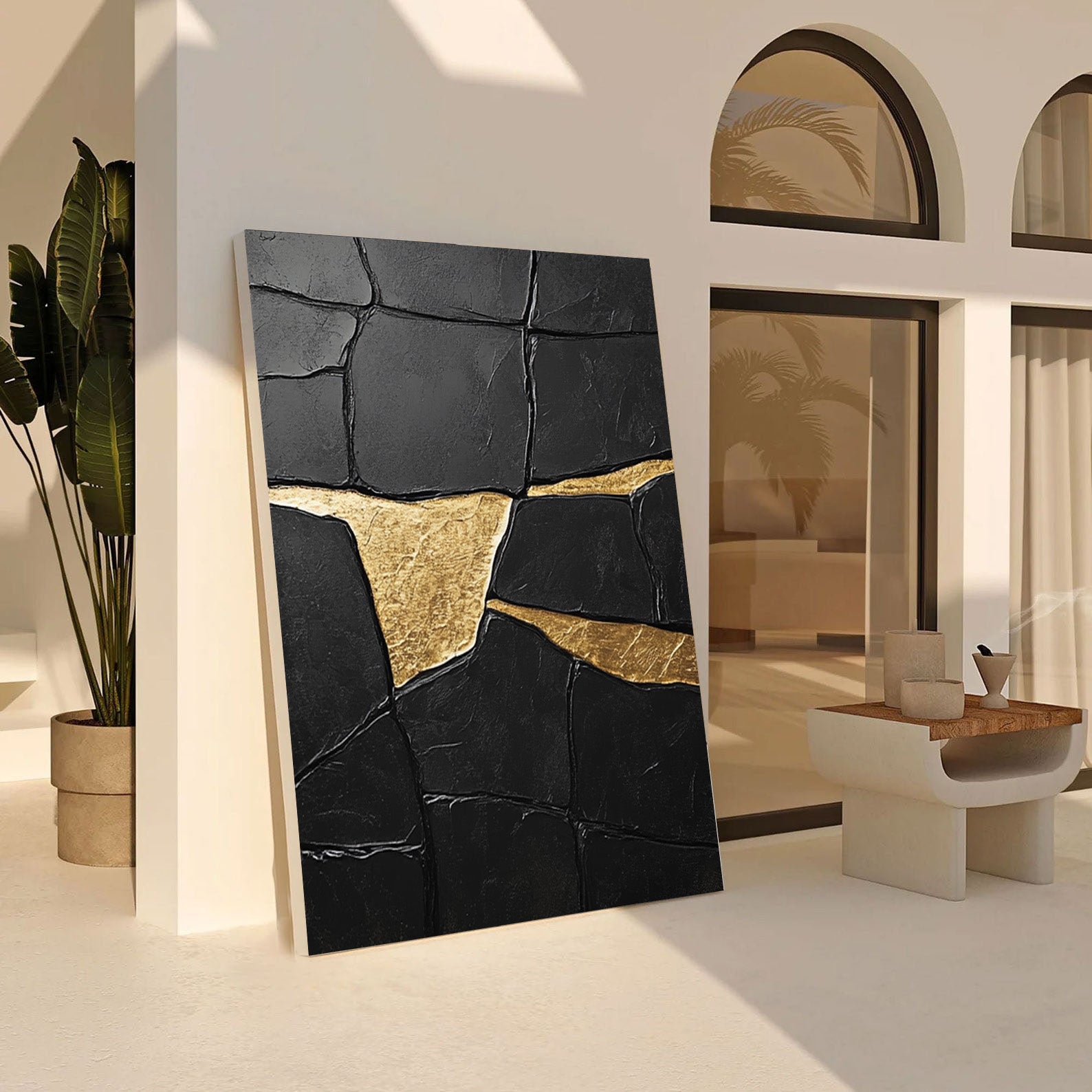 Black Impasto Art with Bold Golden Fractures, Textured Abstract #BGA 267