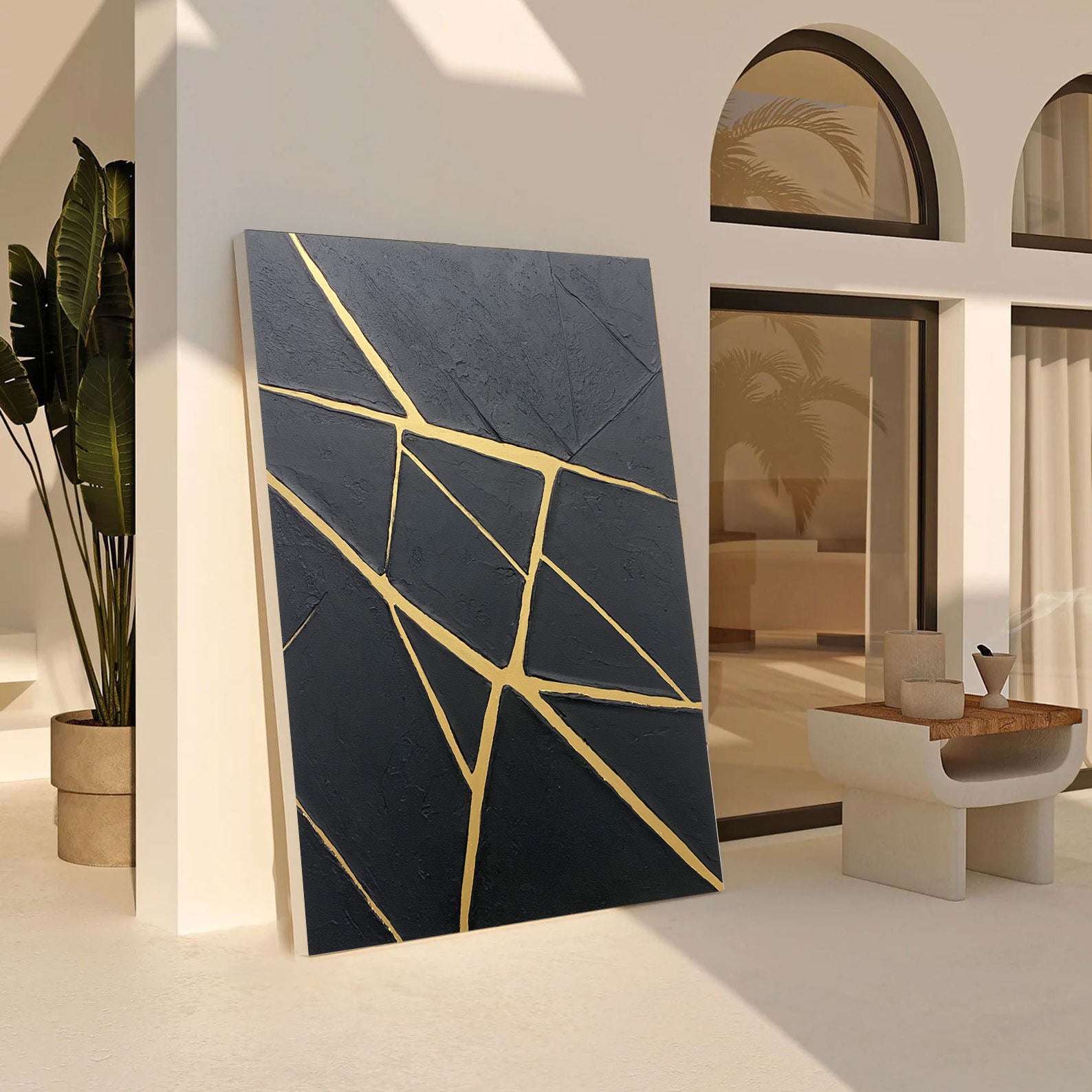 Contemporary Black Impasto with Luminous Linear Gold Markings #BGA 277
