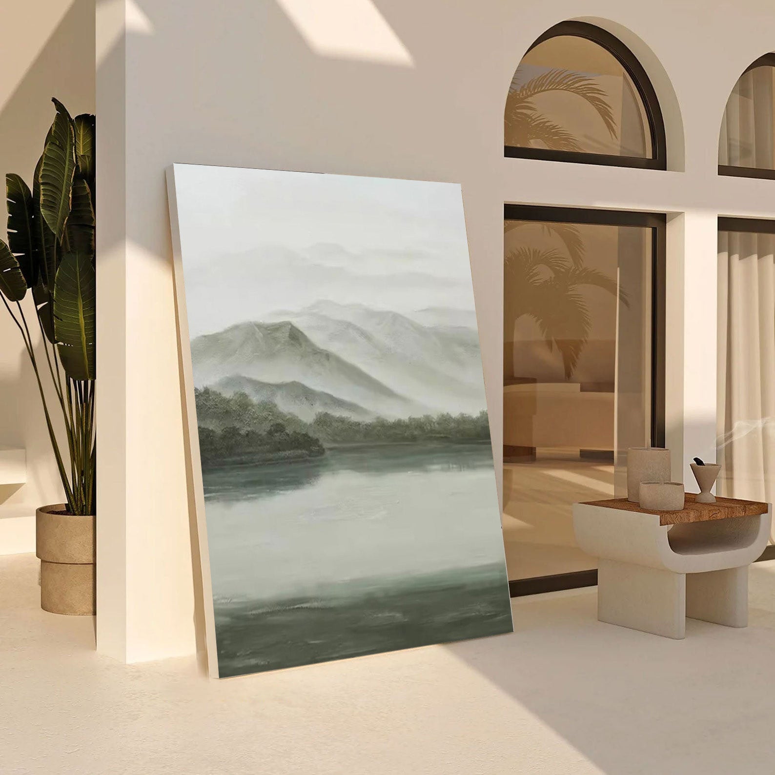 Soft Gray & Green Landscape, Peaceful Mountain Lake Scene #BGA 255