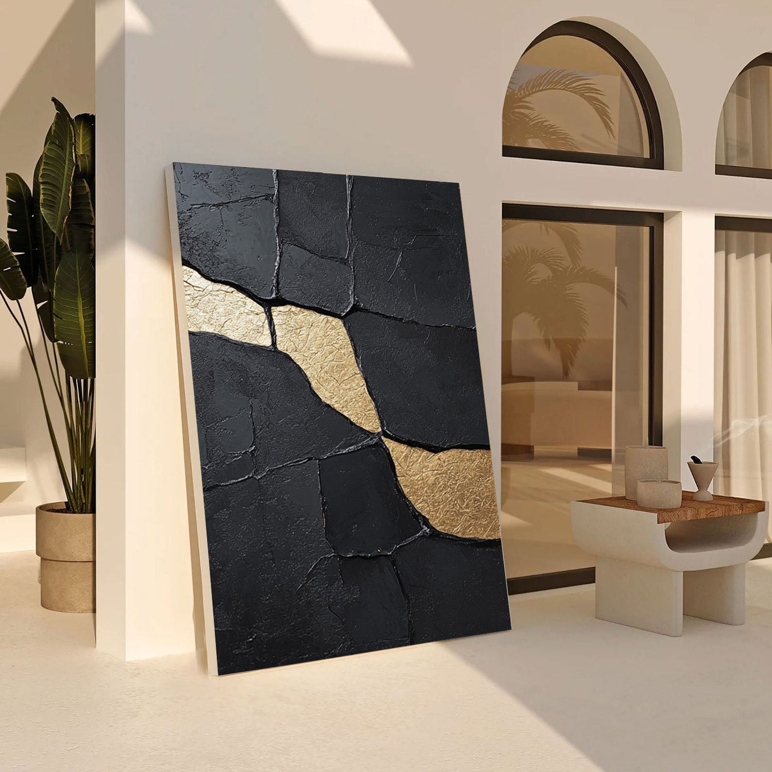 Contemporary Black Impasto Art with Striking Organic Gold #BGA 269