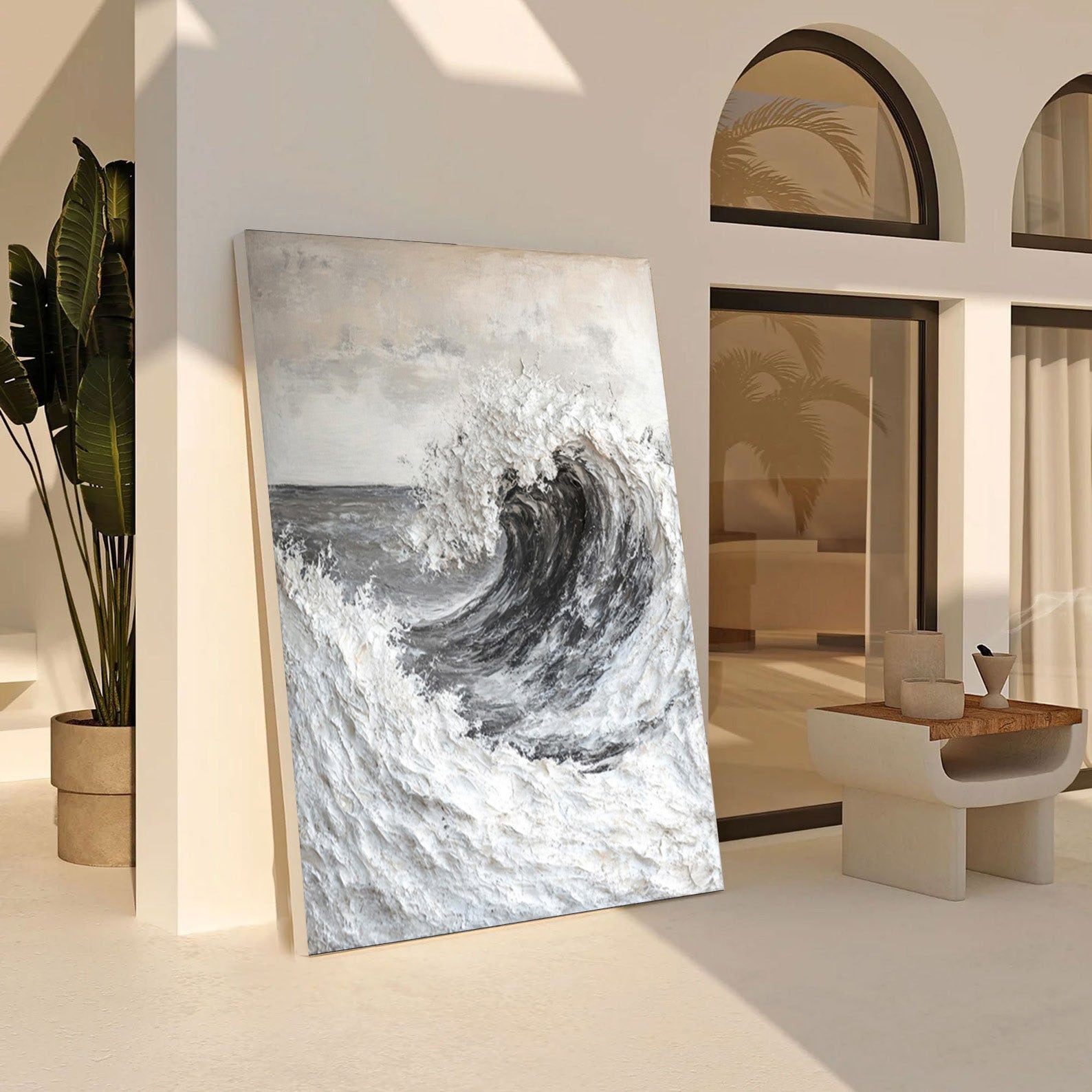 Contemporary Grayscale Ocean Art with Texture Wave #BGA 283