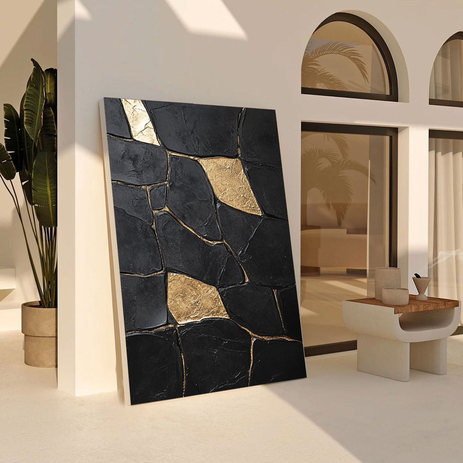 Large Textured Black Abstract with Geometric Gold Inlays #BGA 270