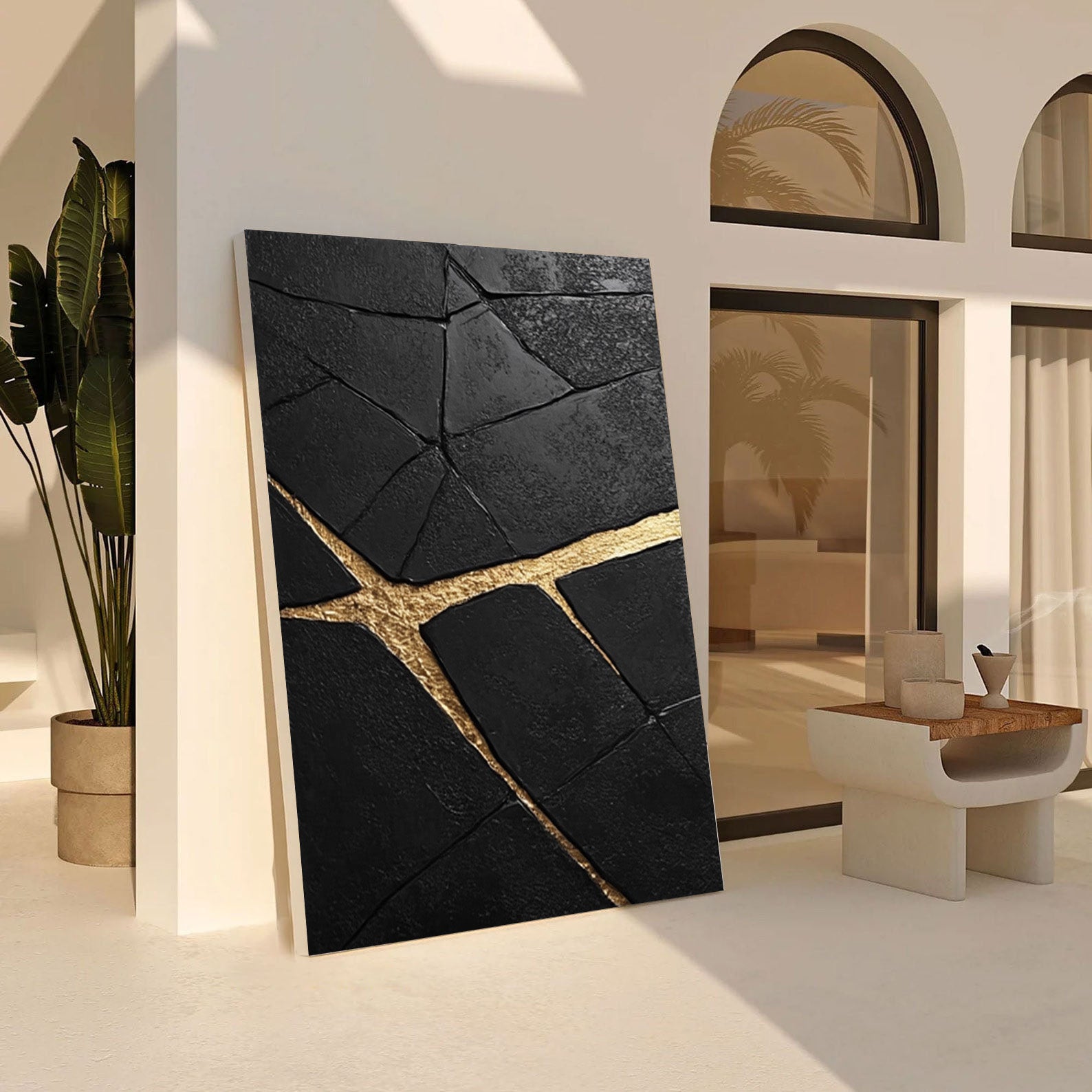 Contemporary Black Impasto Painting with Striking Gold Inlays #BGA 264