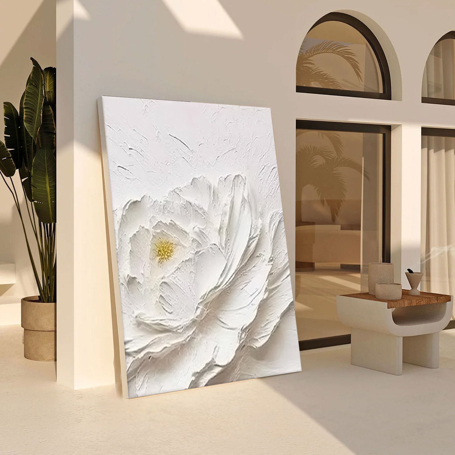 Textured Petals: White Flower Relief, Sculptural Floral Art #BGA 196