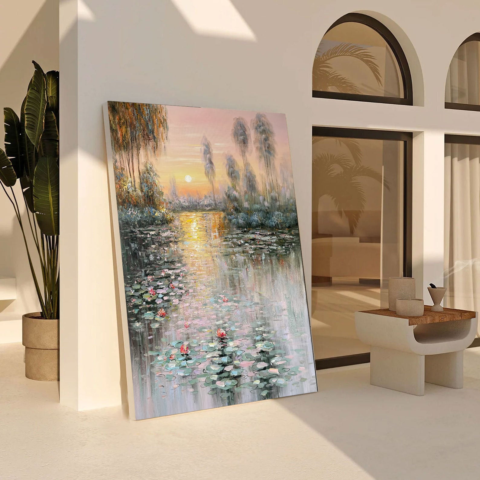 Sunset Bloom: Impressionistic Lily Pond, Vibrant Landscape Art #BGA 181