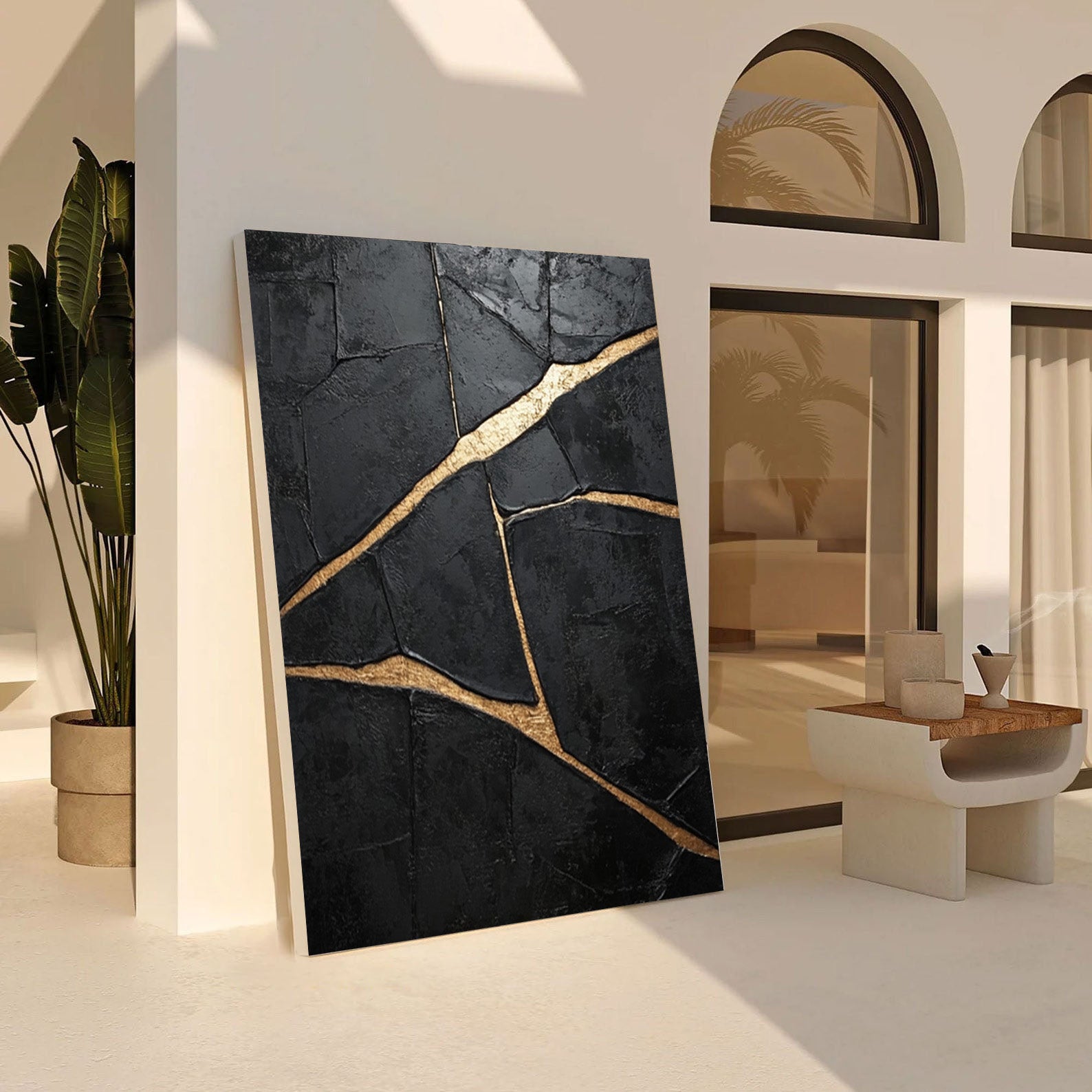 Deeply Textured Black with Bold Gold Trails, Modern Abstract #BGA 265