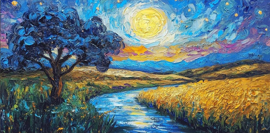 Impasto Moonlit Landscape, Vibrant Colors, Contemporary Art #BGA 101