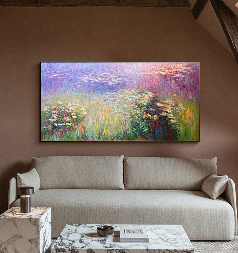 Monet Style Water Lilies, Horizontal Impressionist Wall Art #BGA 167