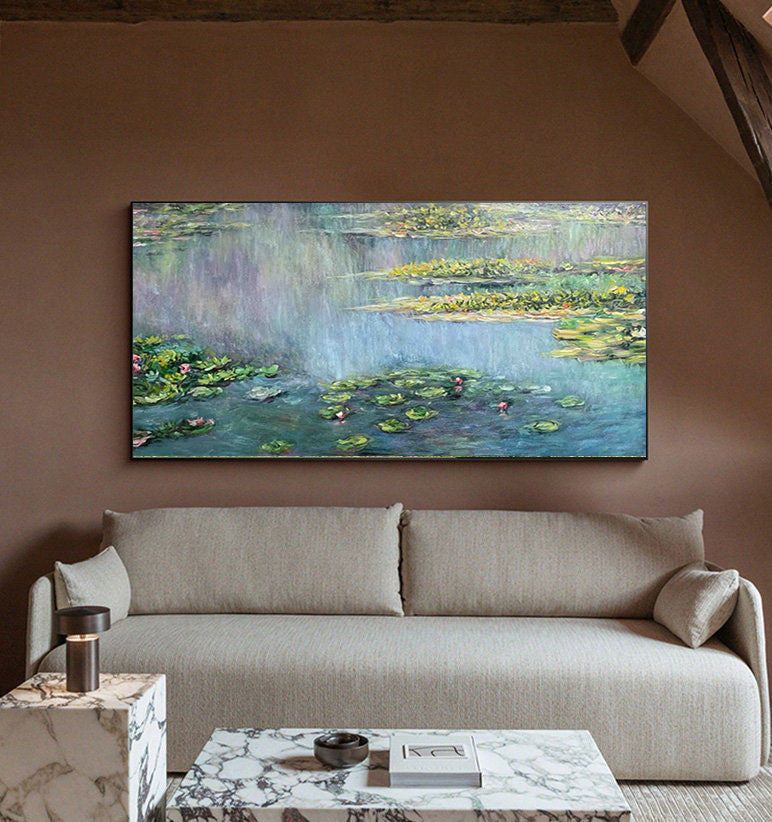 Monet Inspired Water Lilies, Horizontal Impressionist Wall Art #BGA 170