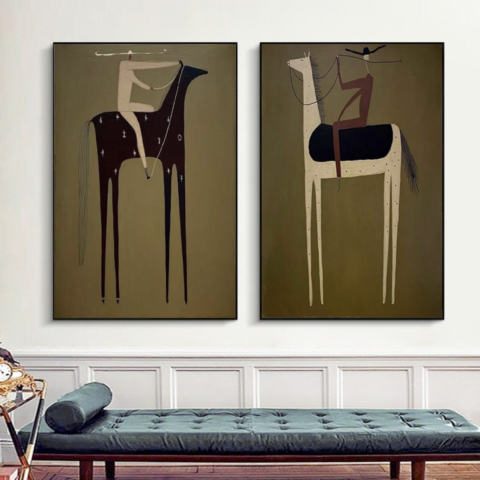 Large Modern Equestrian Wall Art Minimalist Horse and Rider Diptych