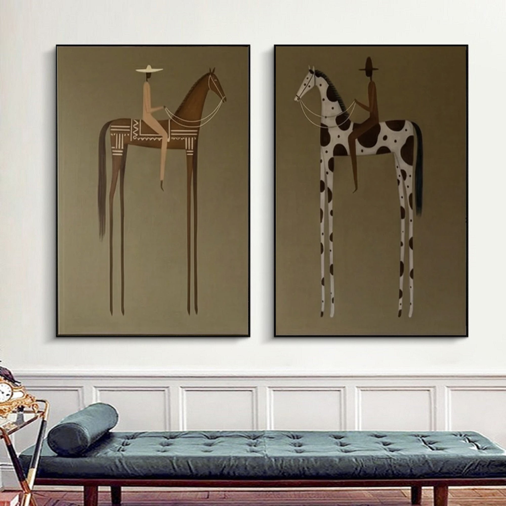 Large Equestrian Diptych Painting Modern Horse Rider Wall Art
