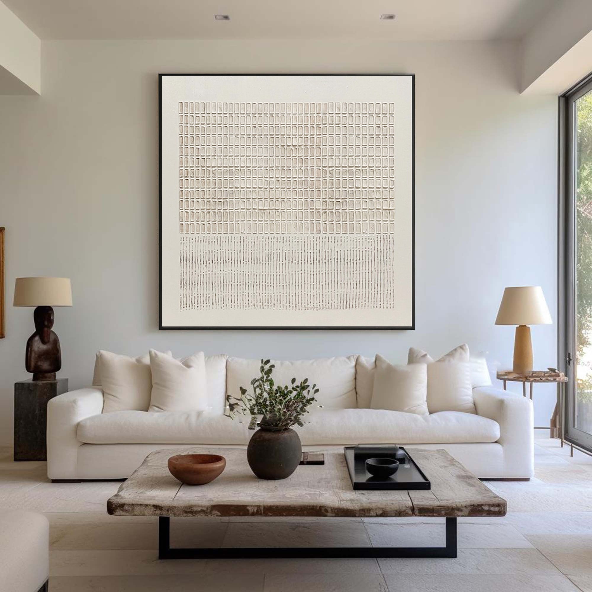 Large Modern Abstract Oil Painting, Beige Textured Grid Wall Art for Contemporary Interiors #WAC 018