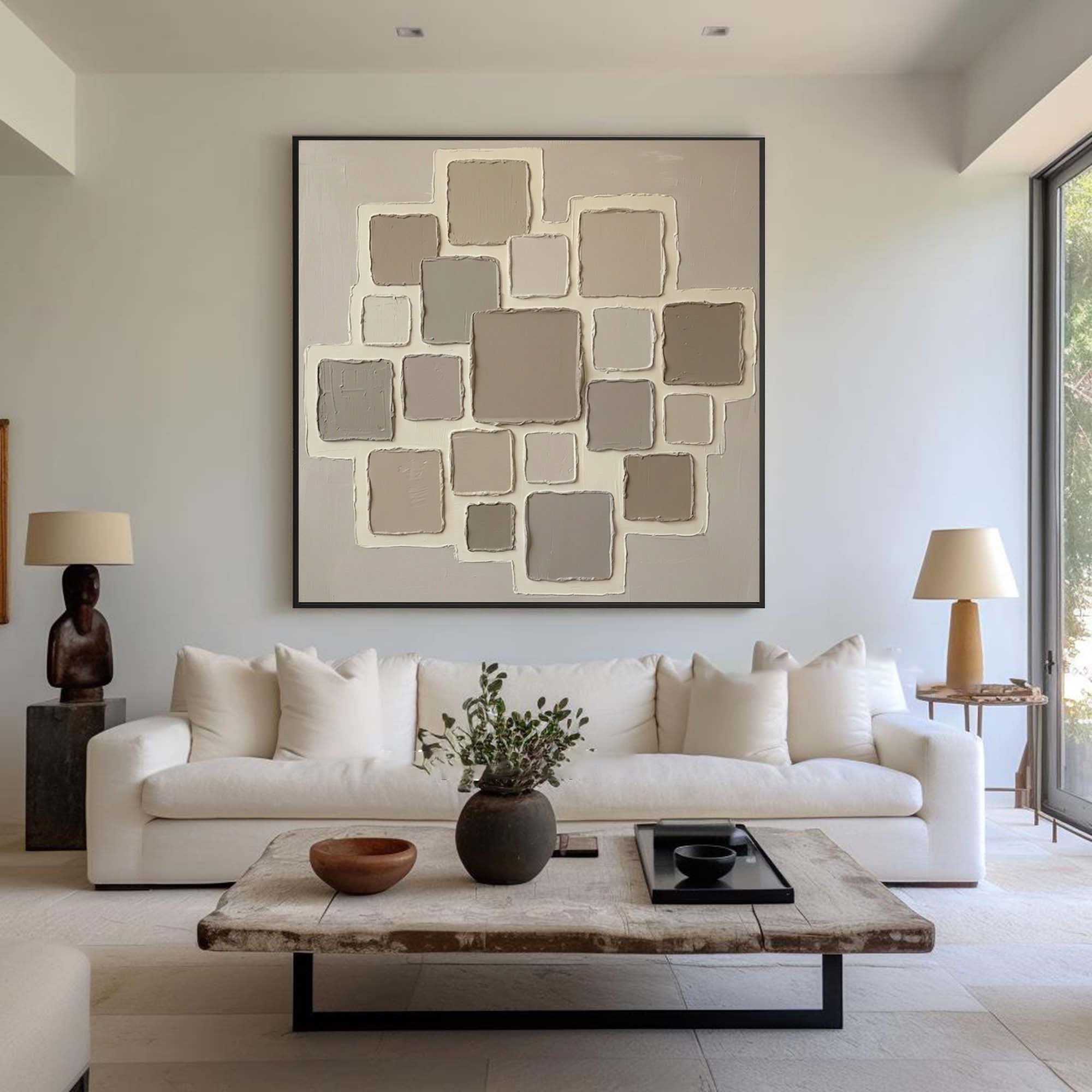 Large Neutral Geometric Oil Painting – Minimalist Beige Texture Wall Art
