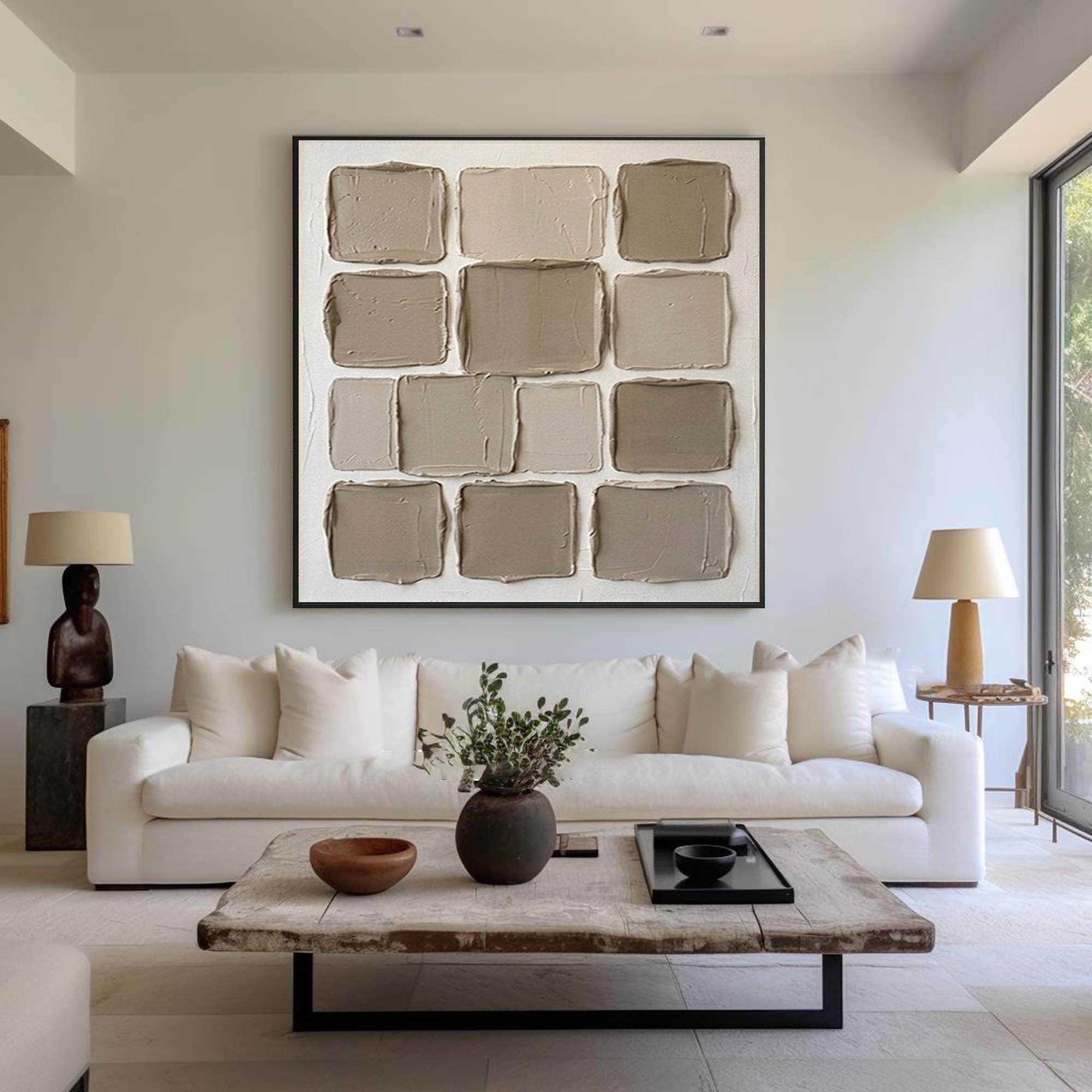 Hand Painted Neutral Relief Wall Art Contemporary Geometric Decor