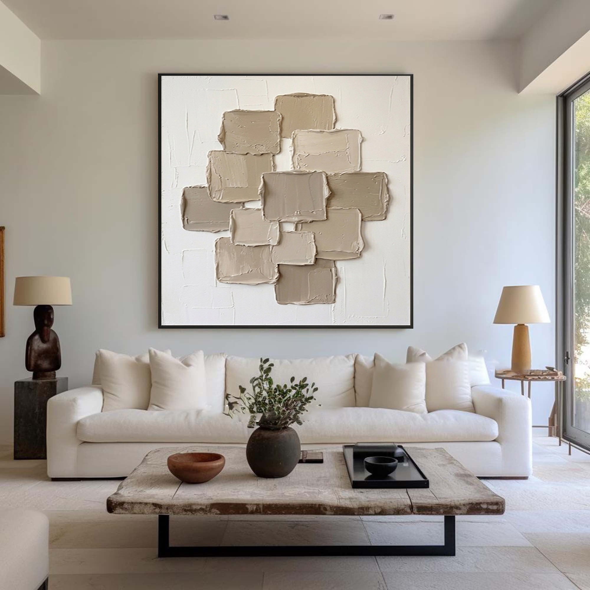 Large Beige Textured Canvas Art Modern Hand Painted Wall Decor