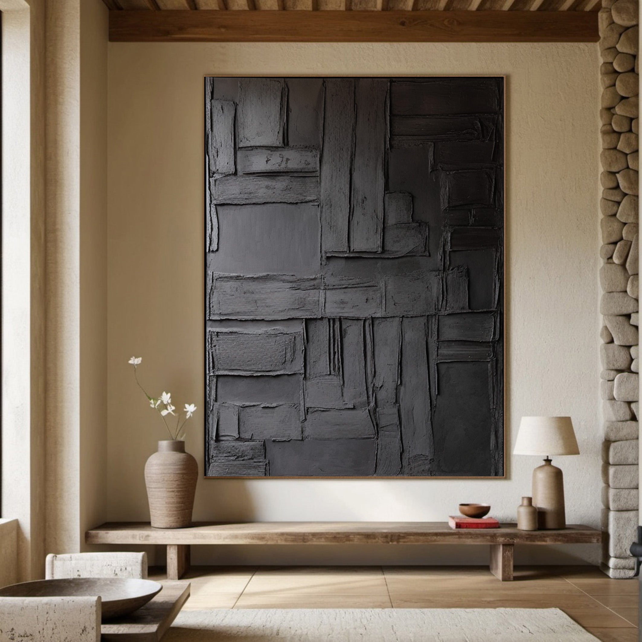 Urban Facade: Abstract Black Canvas, Modern Textured Art #BGA 228