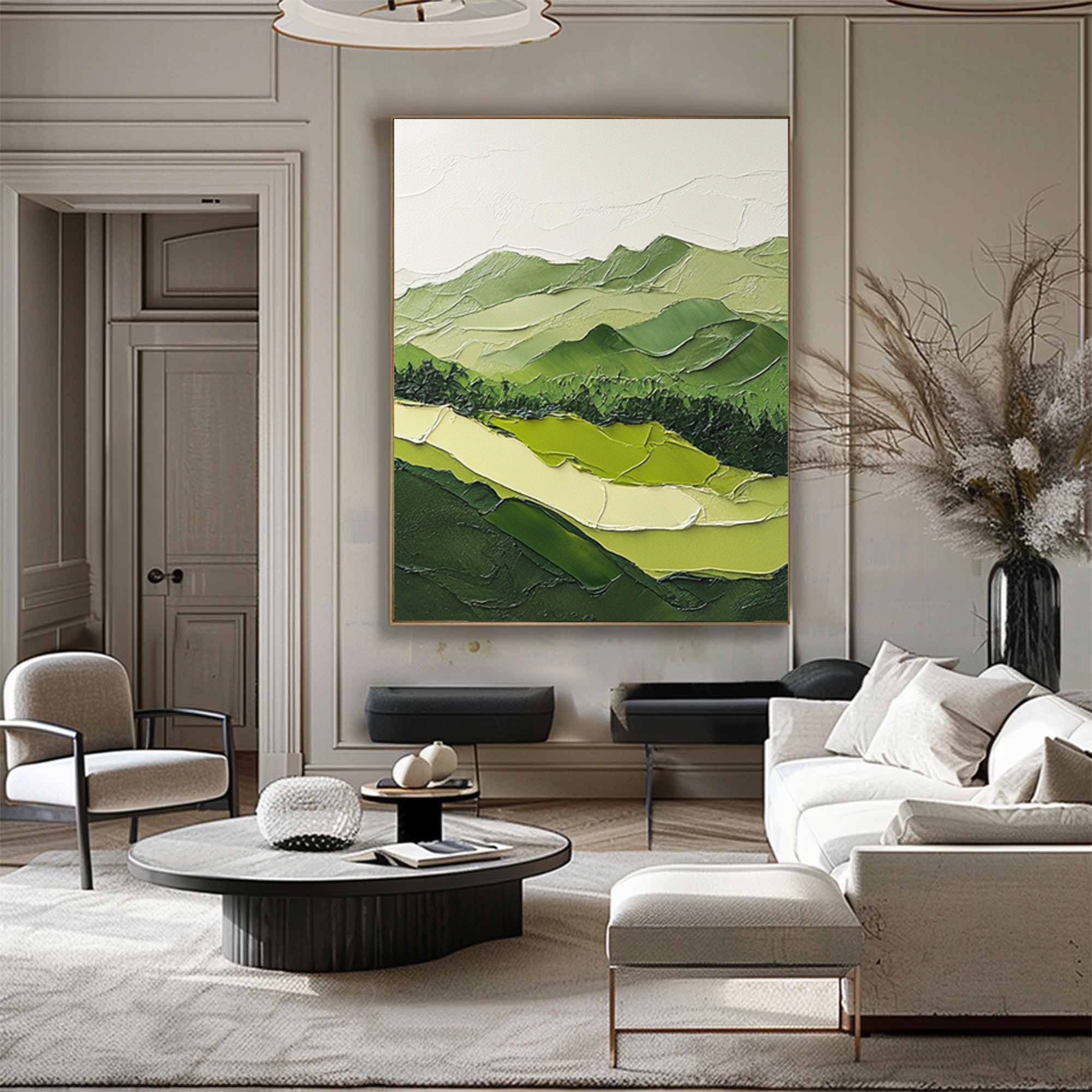 Nature Meets Modern Design Green Mountain Oil Painting for Stylish Interiors #BGM 054