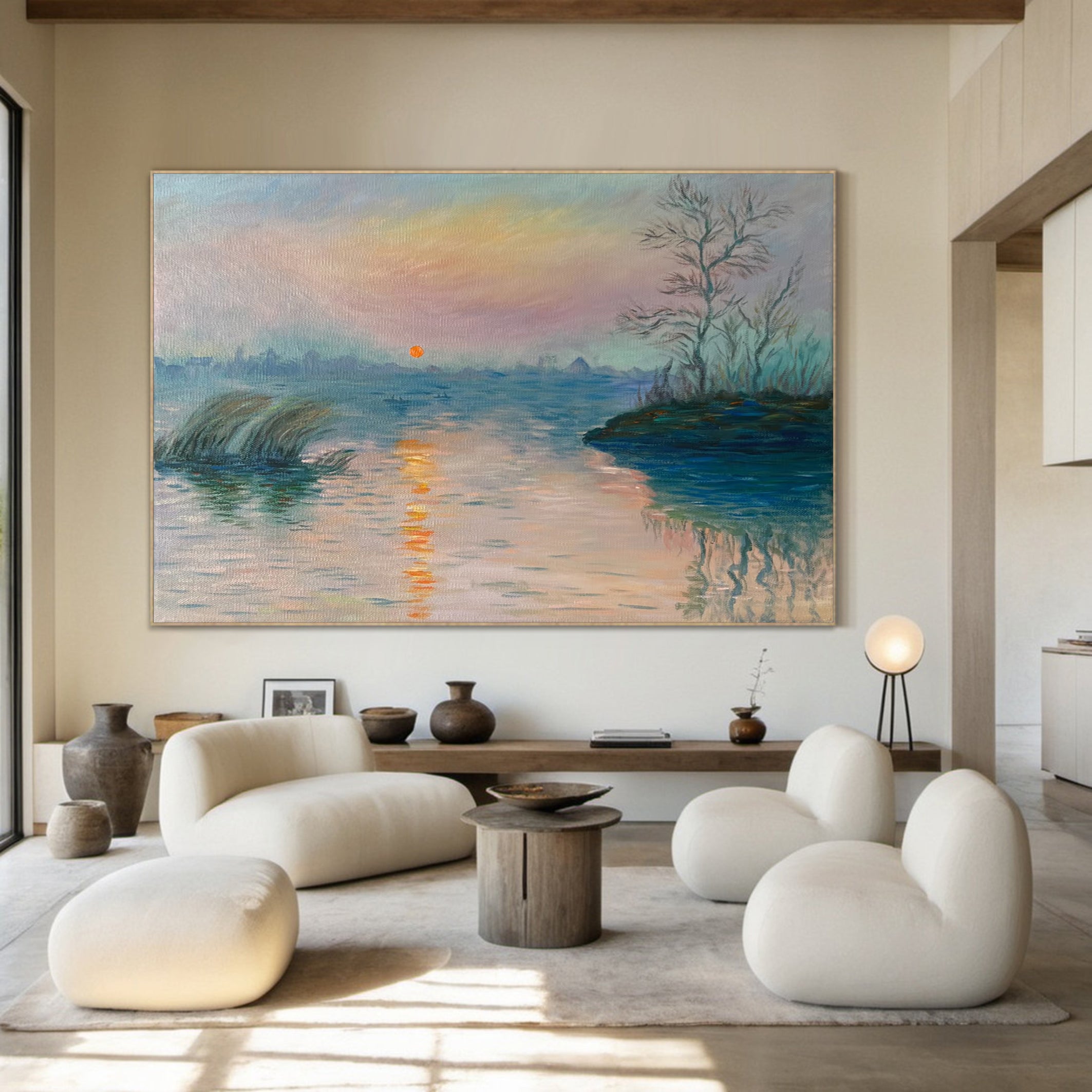 Shoreline Hues: Monet-Style Sunset, Atmospheric Water Art #BGA 191