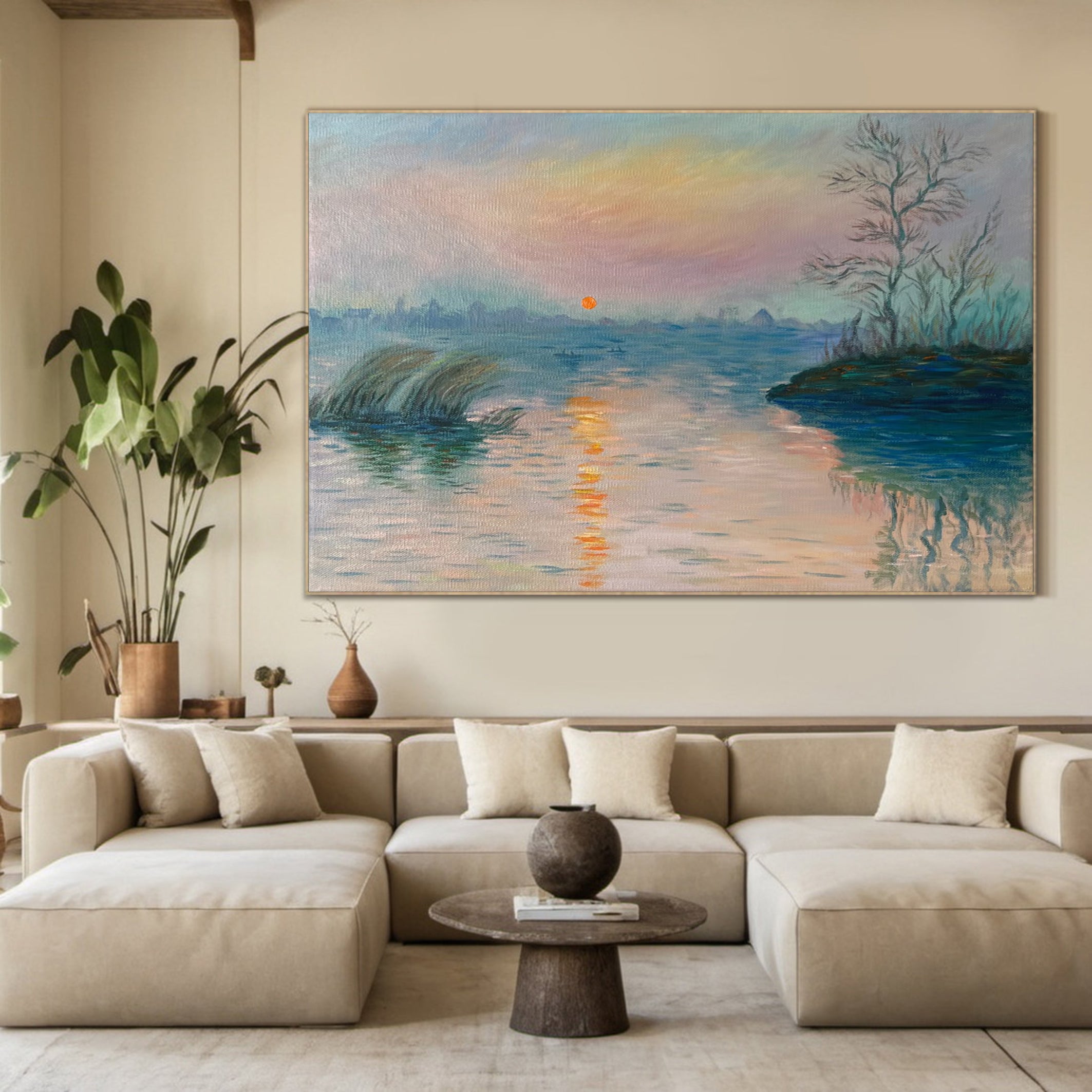 Shoreline Hues: Monet-Style Sunset, Atmospheric Water Art #BGA 191