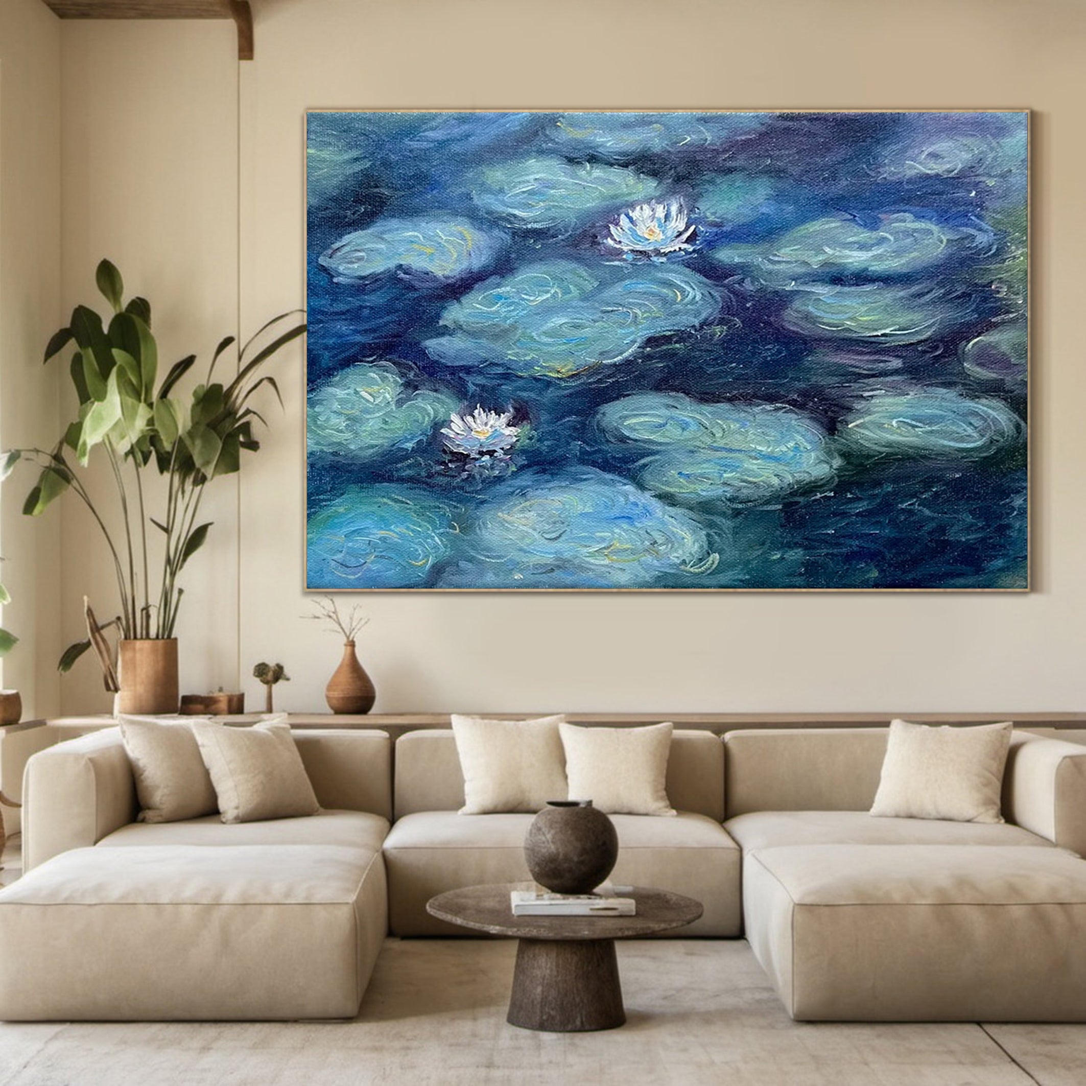 Deep Water Bloom: Monet-Esque Lilies, Deep Blue Landscape #BGA 189