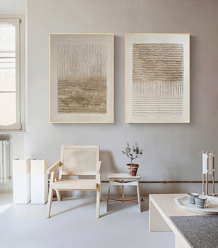 Minimalist Abstract Diptych in Neutral Linear Relief #BGA 276