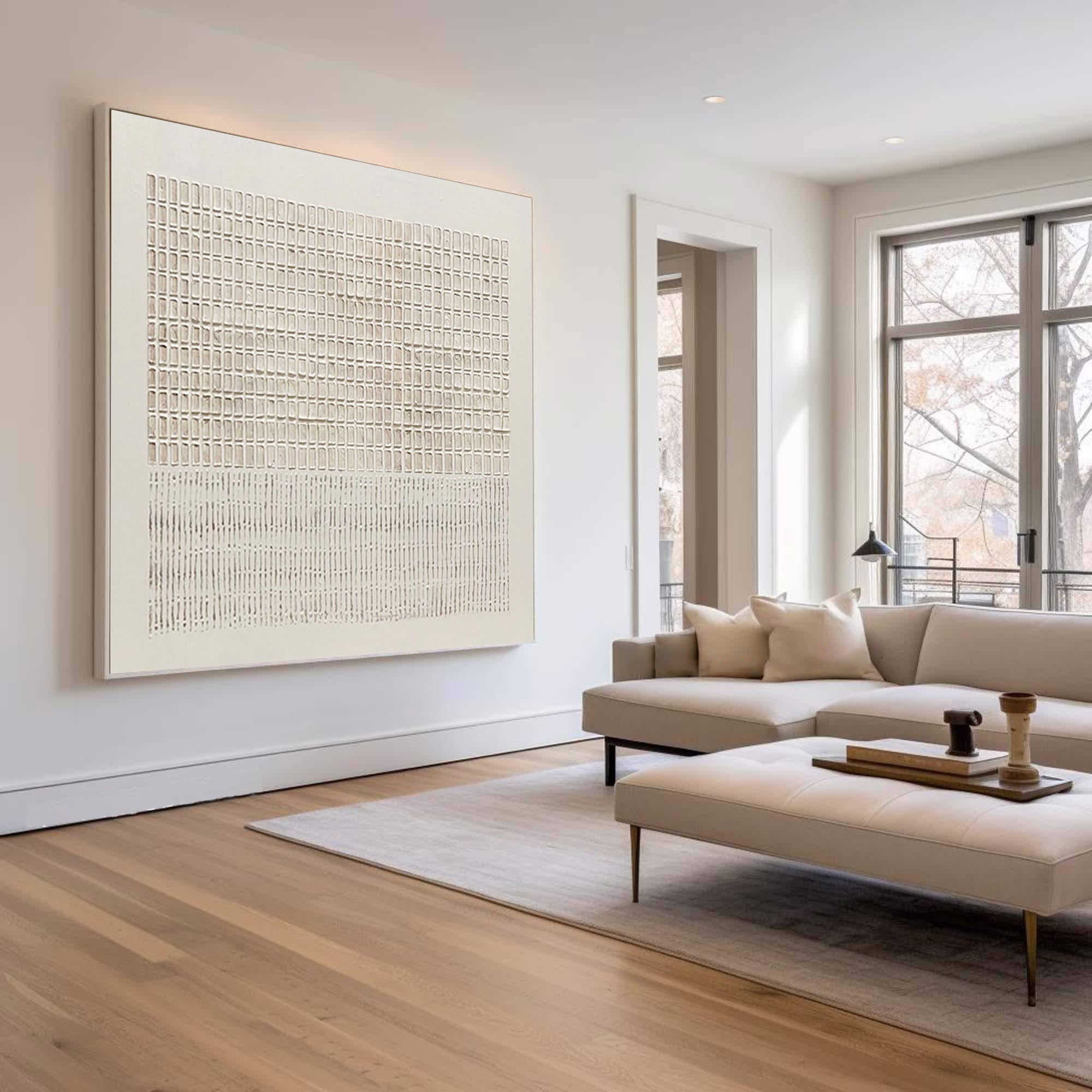 Large Modern Abstract Oil Painting, Beige Textured Grid Wall Art for Contemporary Interiors #WAC 018