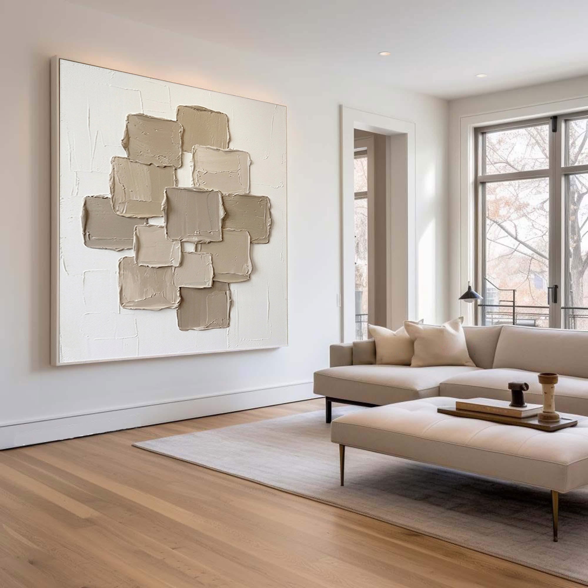 Large Beige Textured Canvas Art Modern Hand Painted Wall Decor