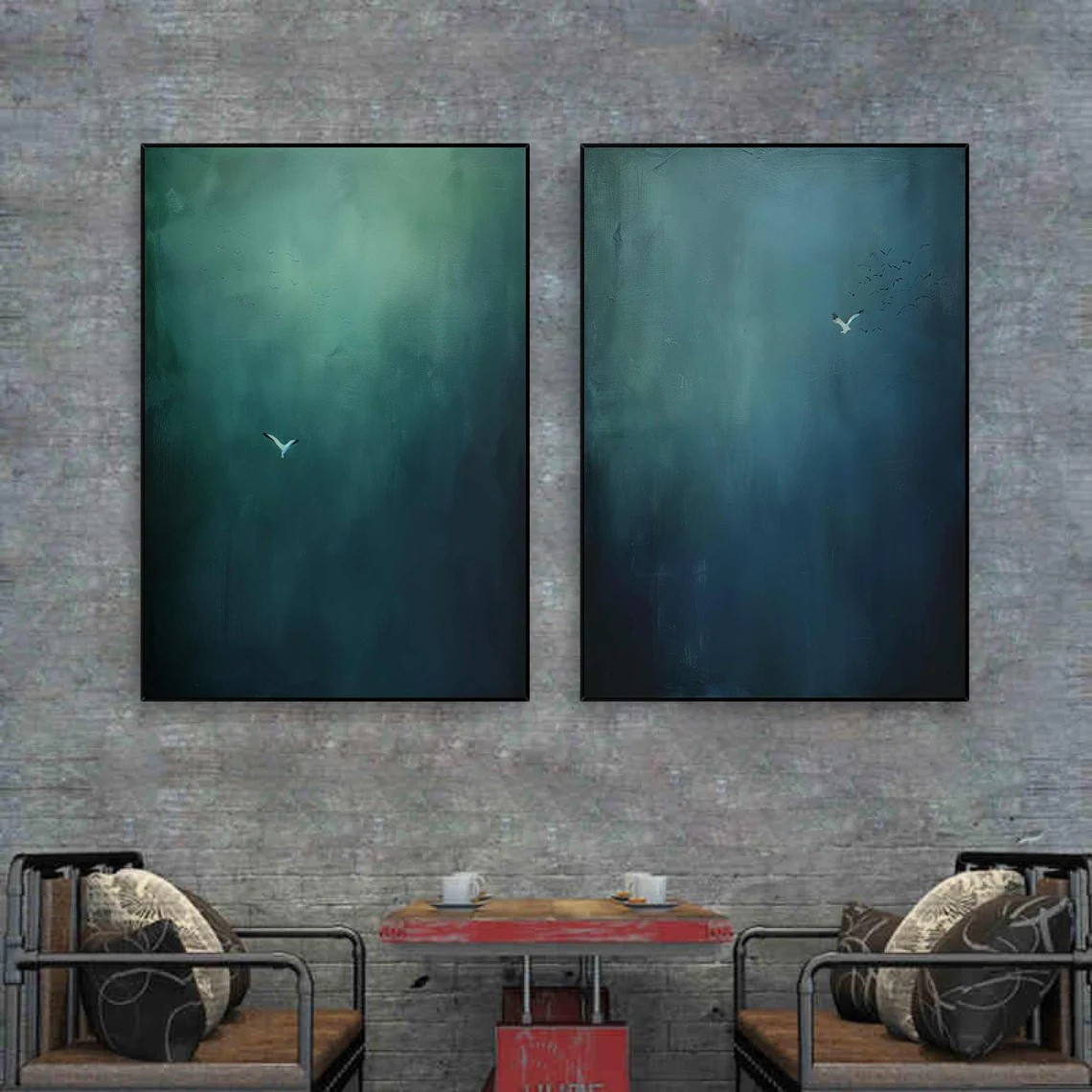 Blue and Green Gradient Set Of 2 With Minimalist Bird Details #BGA 130