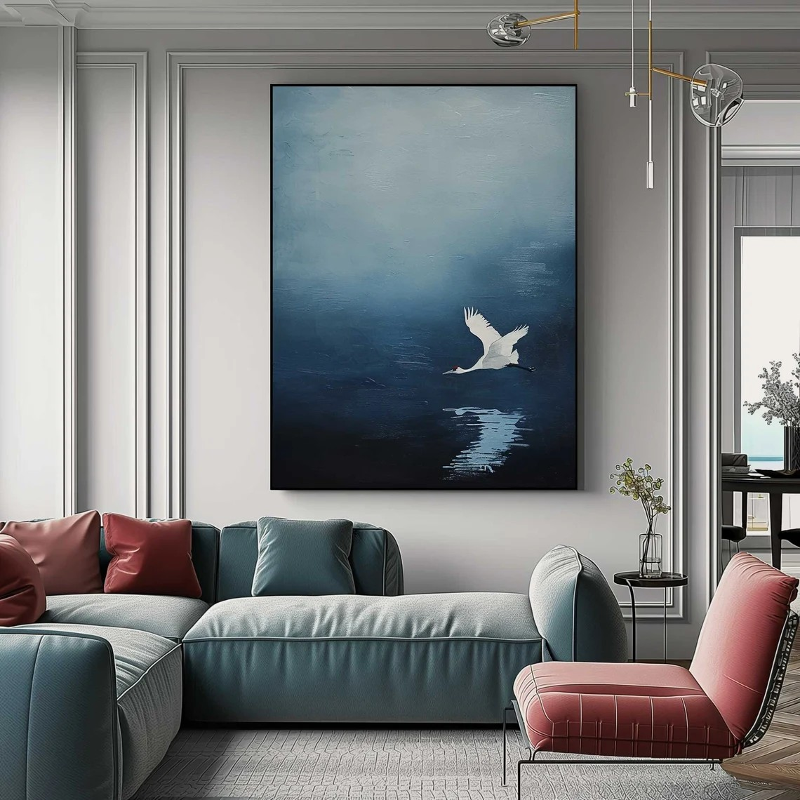 Tranquil Blue Minimalist Landscape Art With Crane in Flight #BGA 150