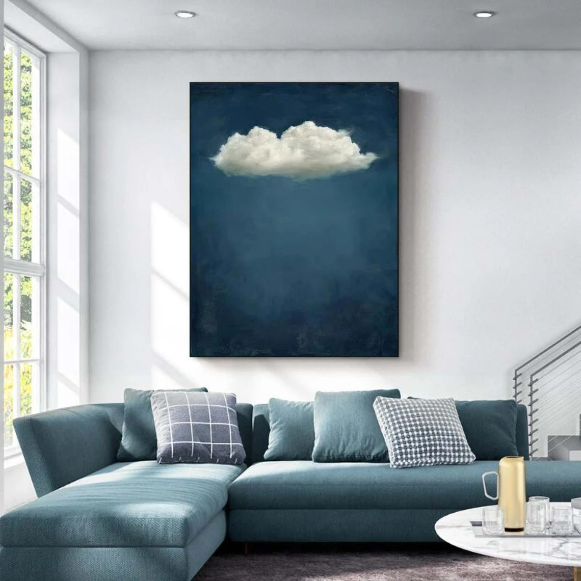 Minimalist Cloudscape Canvas, Deep Emerald Blue Wall Art #BGA 161