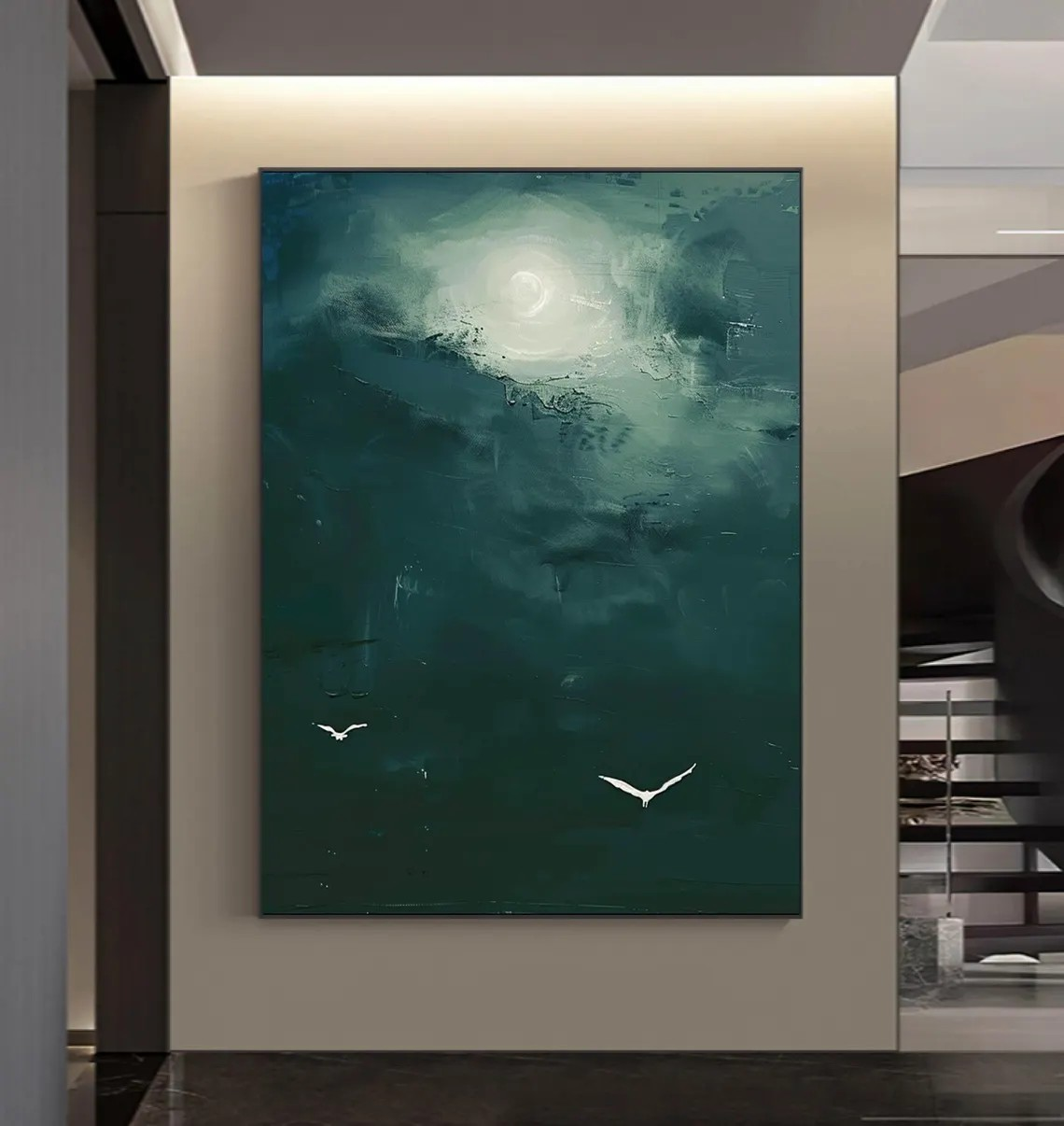 Modern Bird Art, Atmospheric Green Sky, Unique Wall Decor #BGA 149